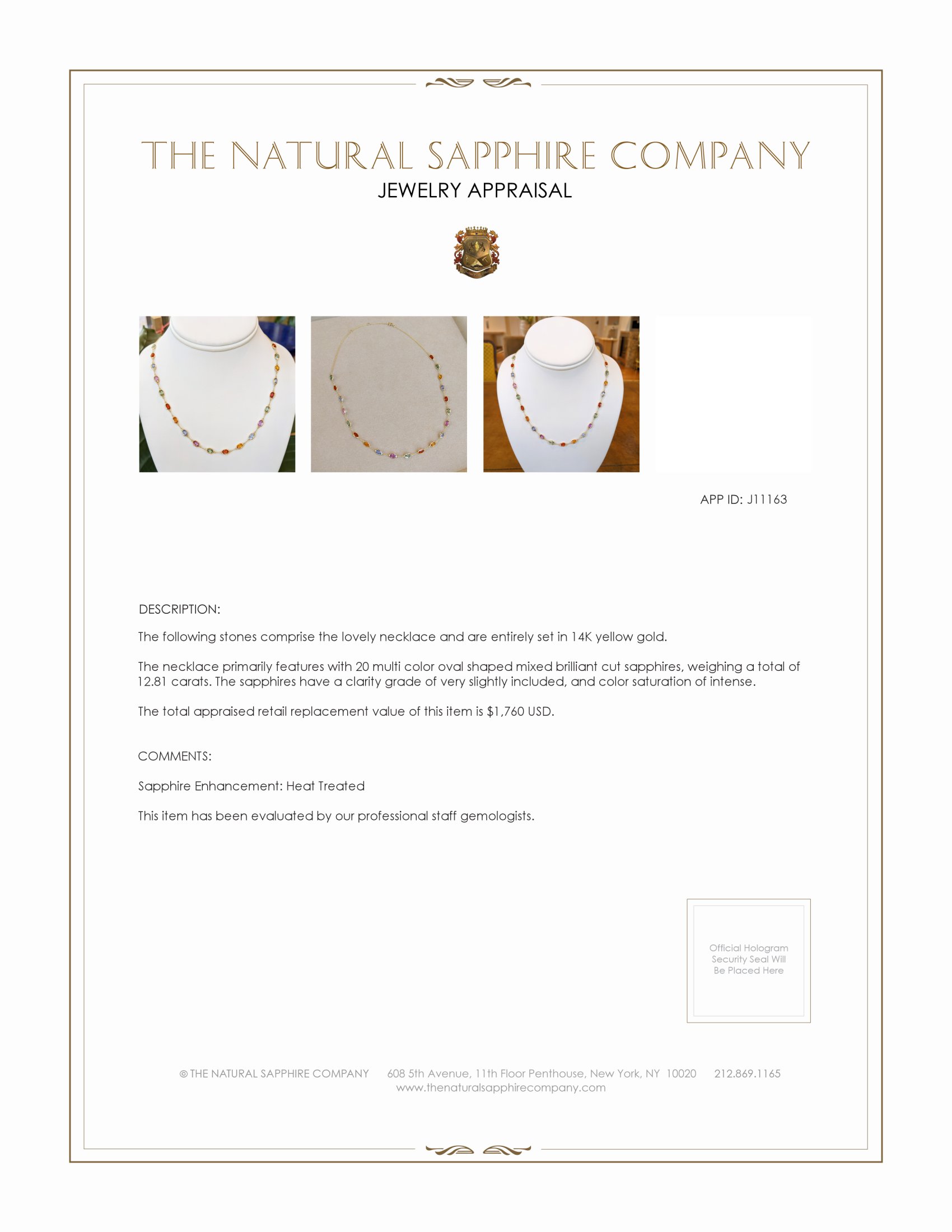 12.81 Ct. Multi Color Sapphire Bezel Necklace, 14K Yellow Gold