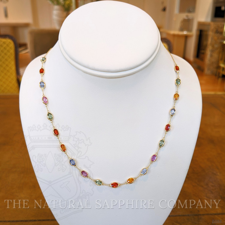 12.81 Ct. Multi Color Sapphire Bezel Necklace, 14K Yellow Gold