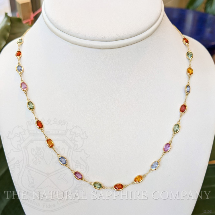 12.81 Ct. Multi Color Sapphire Bezel Necklace, 14K Yellow Gold