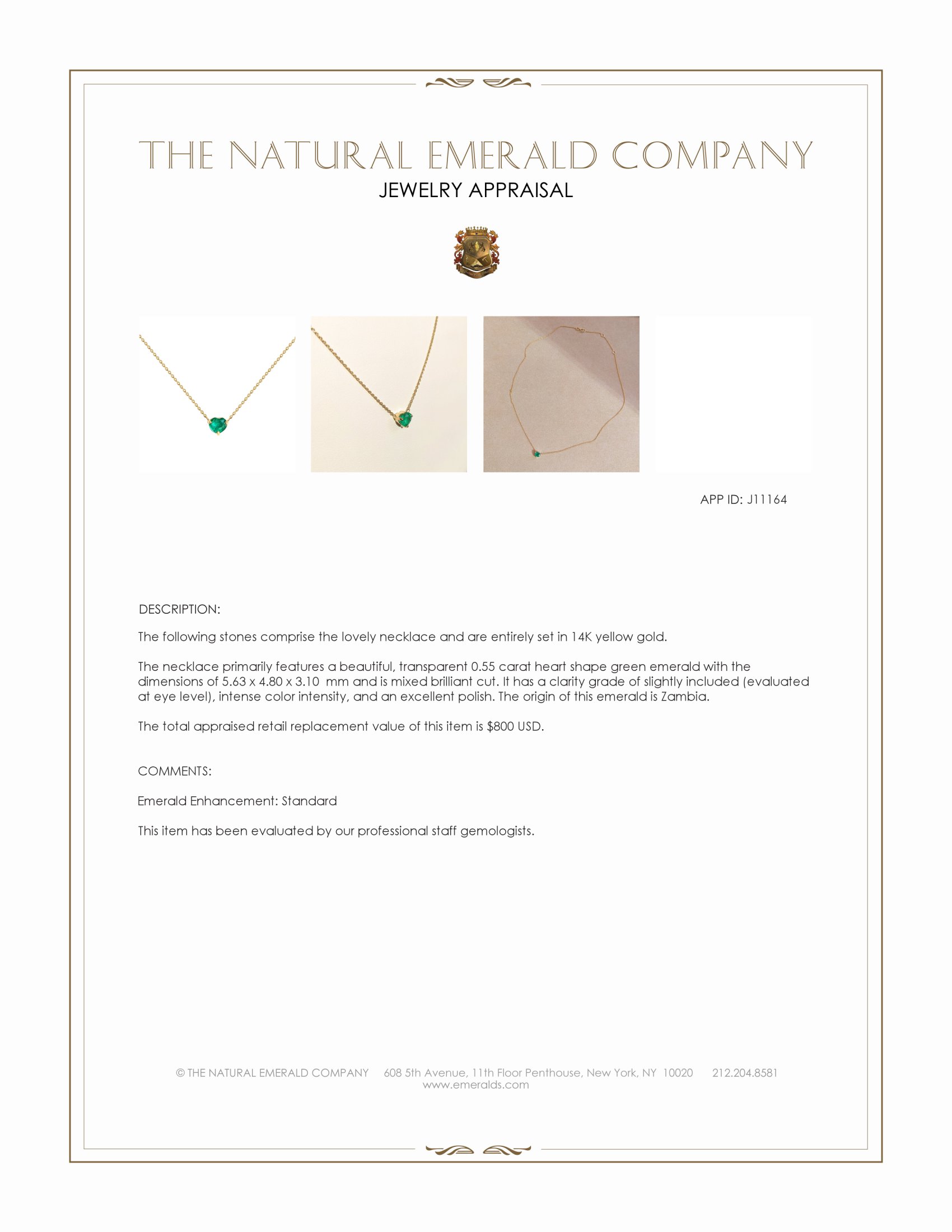 0.55 Ct. Emerald Solitaire Necklace, 14K Yellow Gold