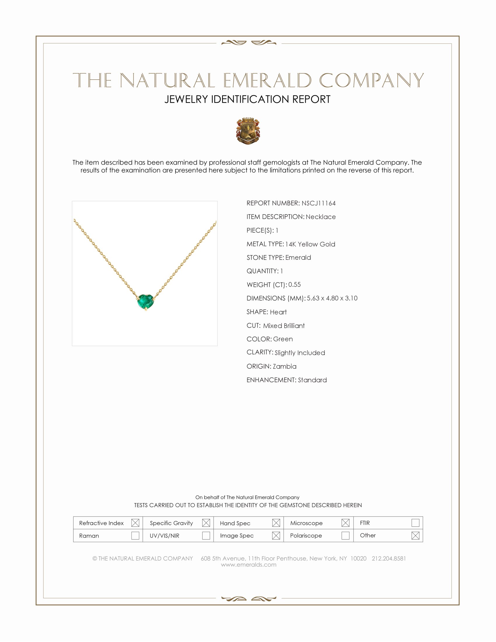 0.55 Ct. Emerald Solitaire Necklace, 14K Yellow Gold