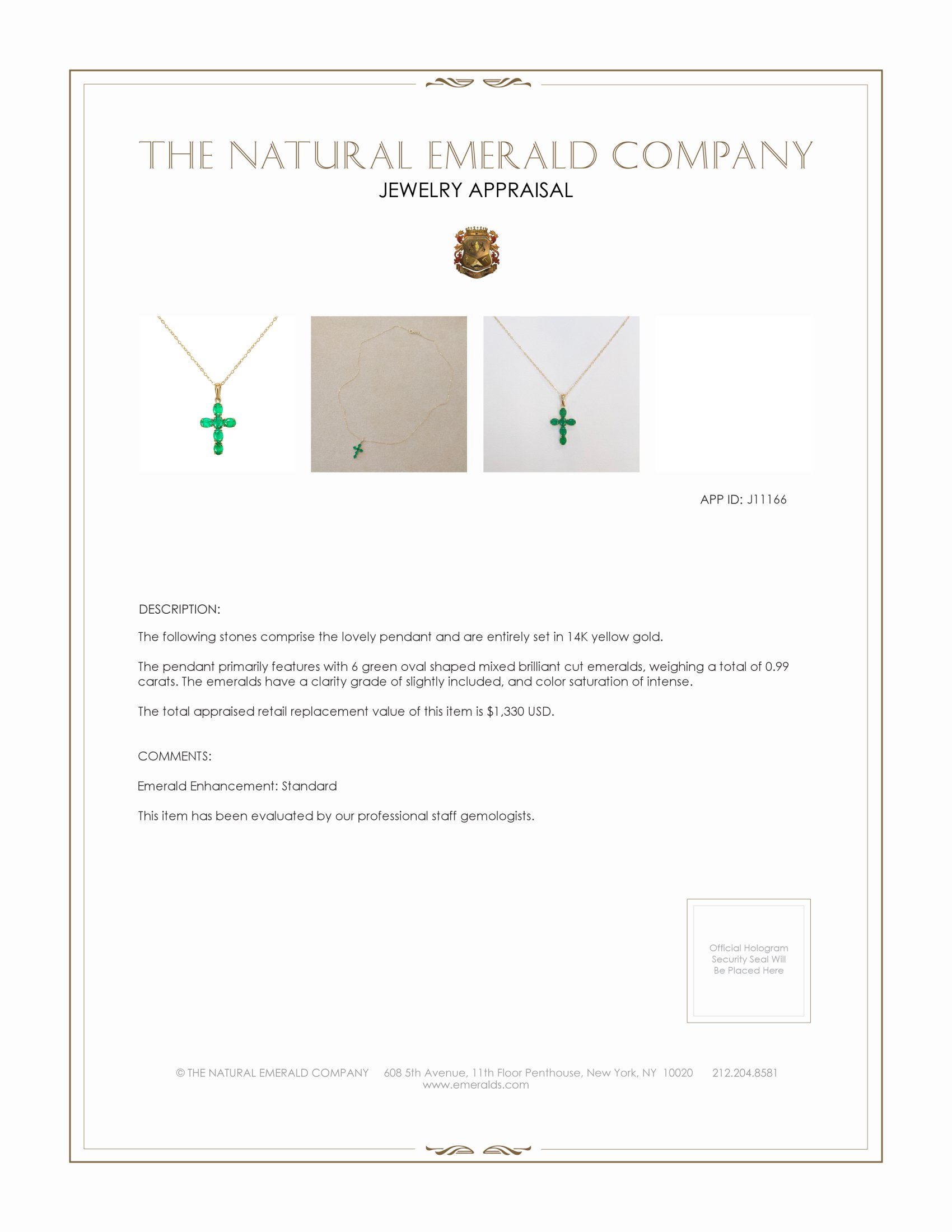 0.99 Ct. Emerald Religious Pendant, 14K Yellow Gold