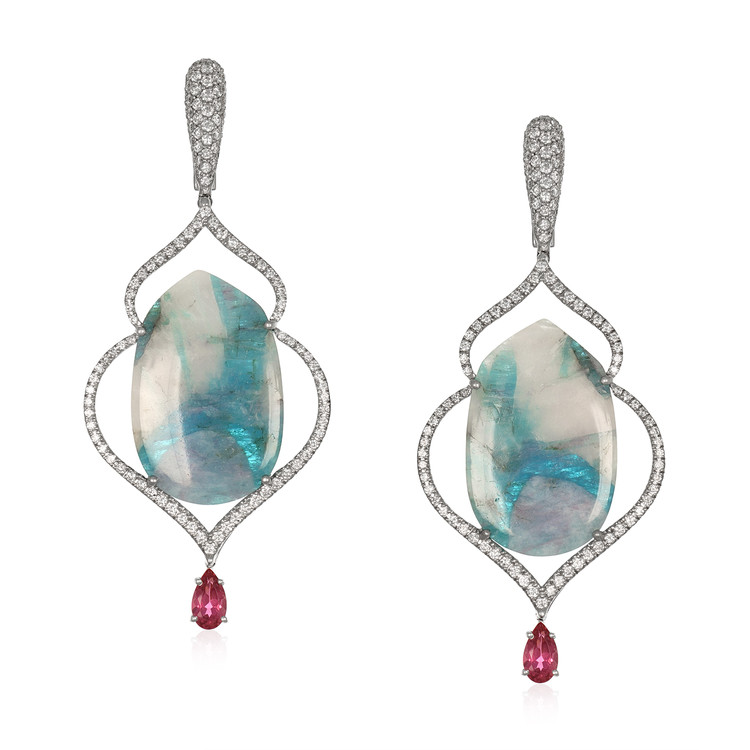 24.85 Ct.Tw. Tourmaline Natural Diamond Halo Earrings, 18K White Gold