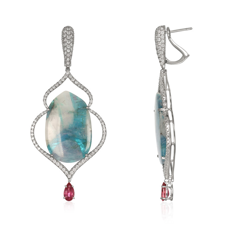 24.85 Ct.Tw. Tourmaline Natural Diamond Halo Earrings, 18K White Gold