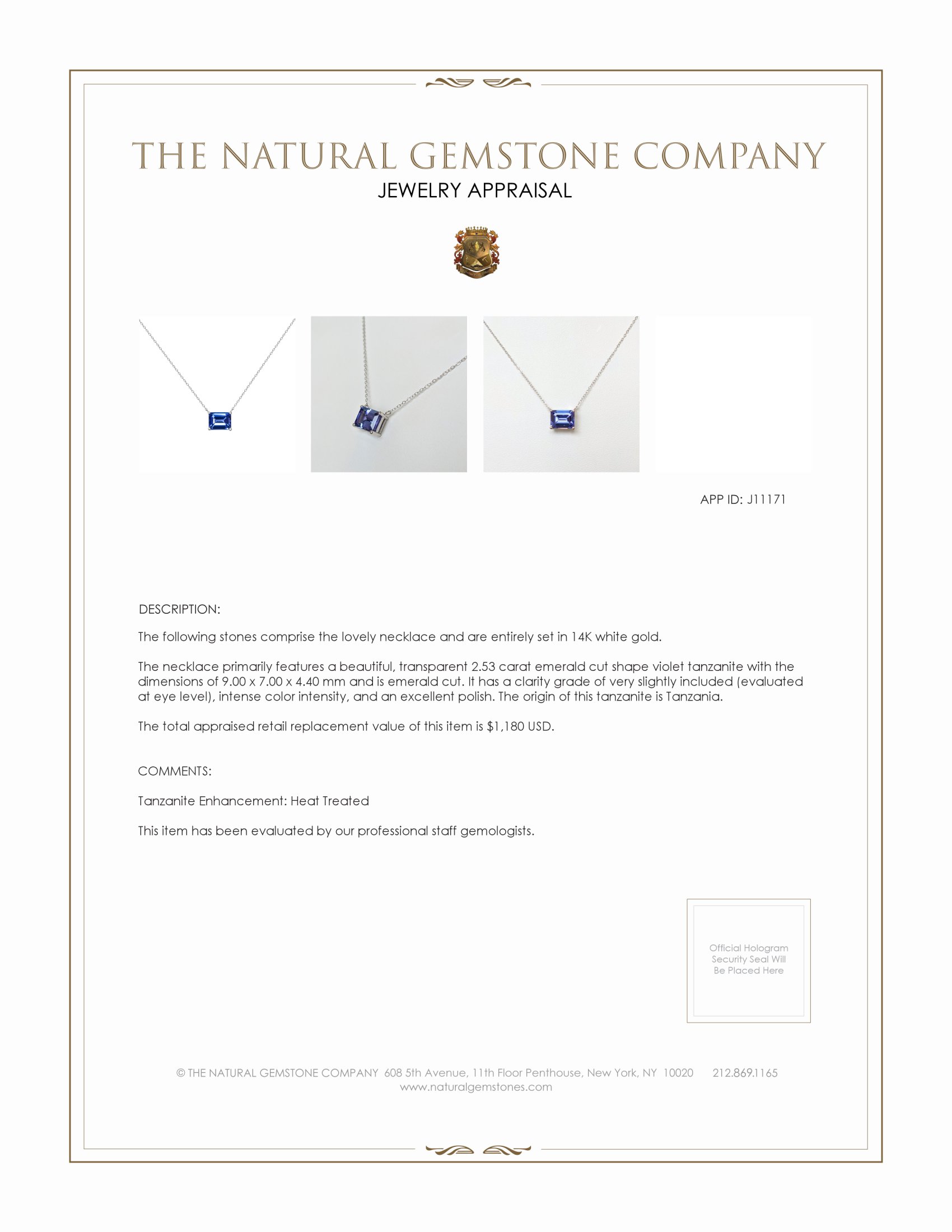 2.53 Ct. Tanzanite Solitaire Necklace, 14K White Gold