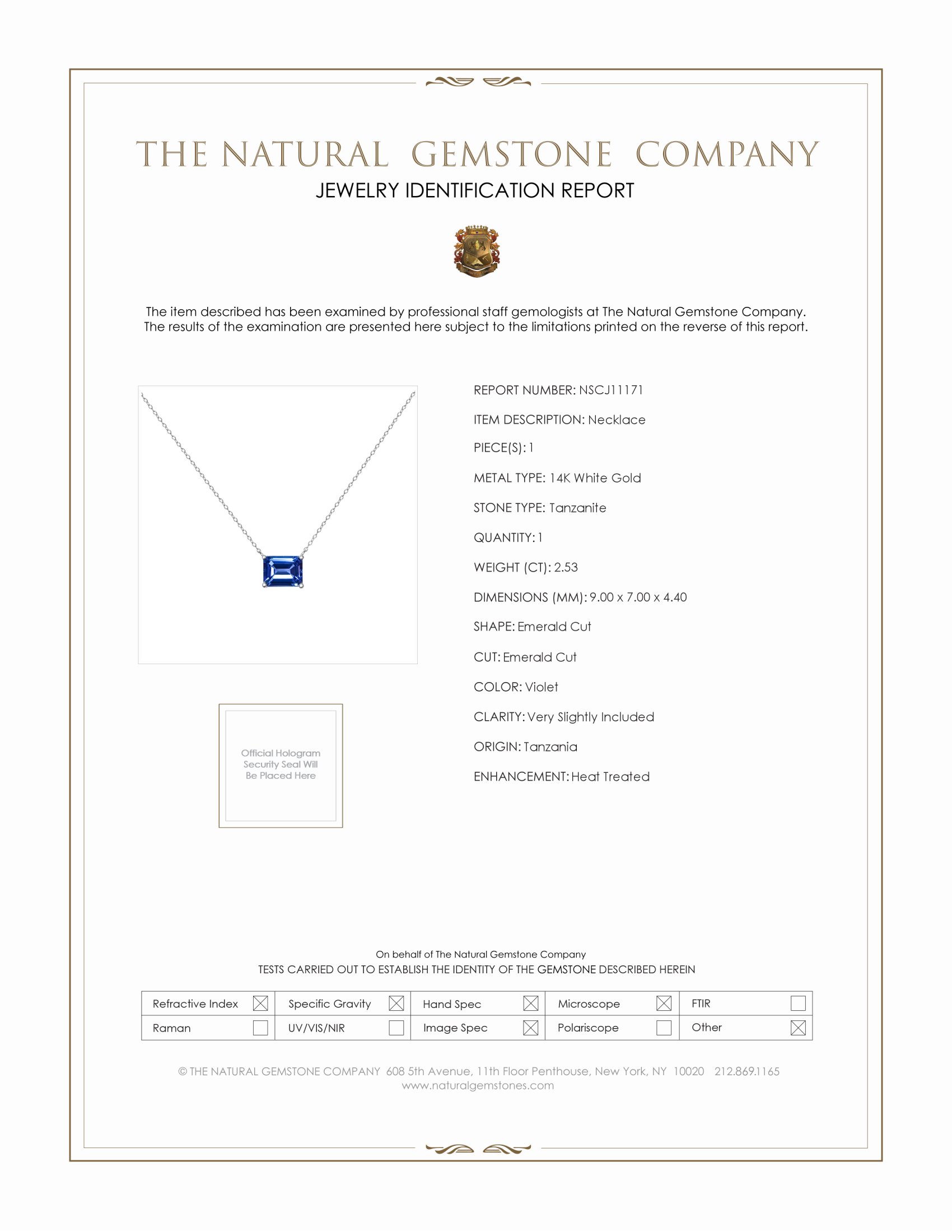 2.53 Ct. Tanzanite Solitaire Necklace, 14K White Gold