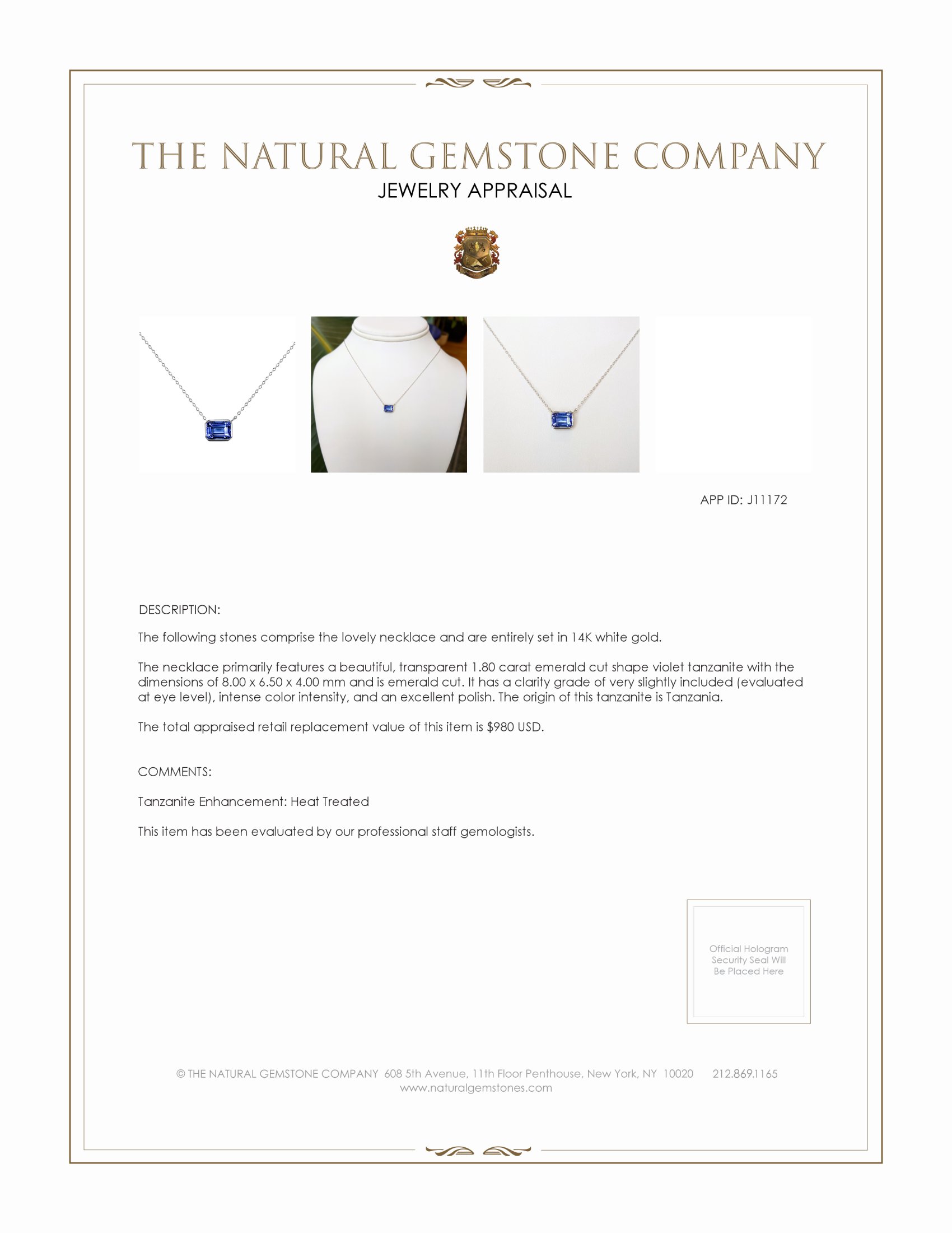 1.80 Ct. Tanzanite Bezel Necklace, 14K White Gold