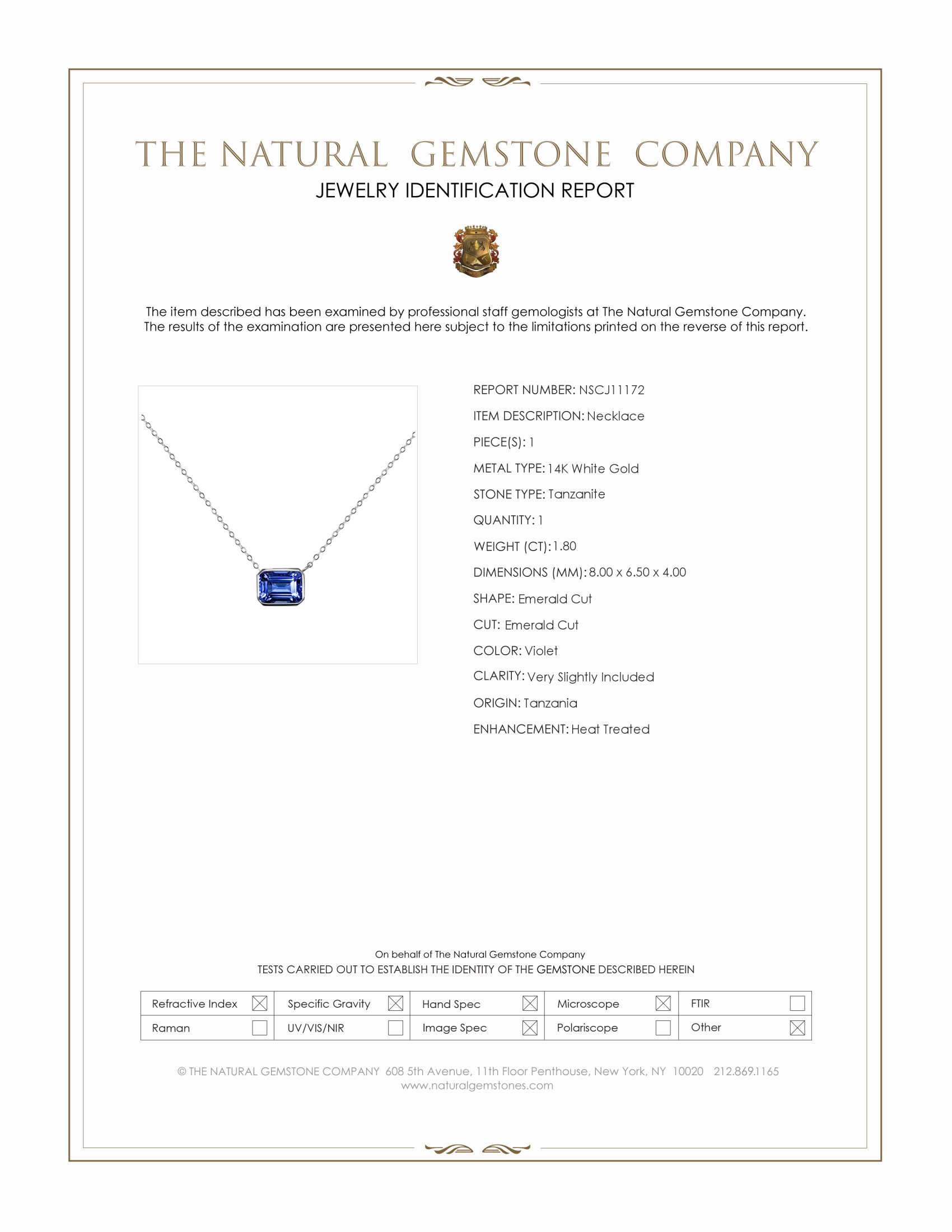 1.80 Ct. Violet Tanzanite Bezel Necklace, 14K White Gold