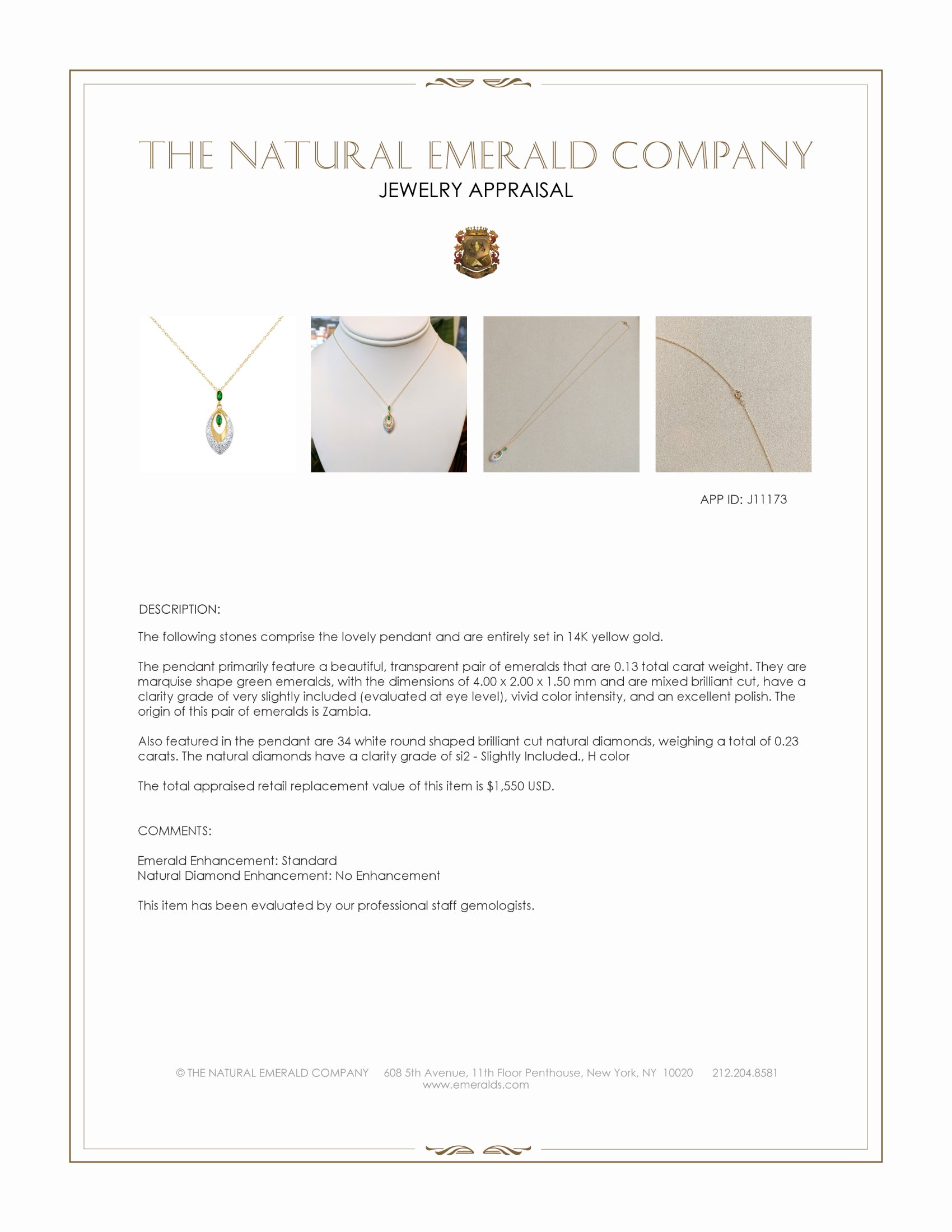 0.13 Ct. Emerald and Natural Diamond Pave Pendant, 14K Yellow Gold