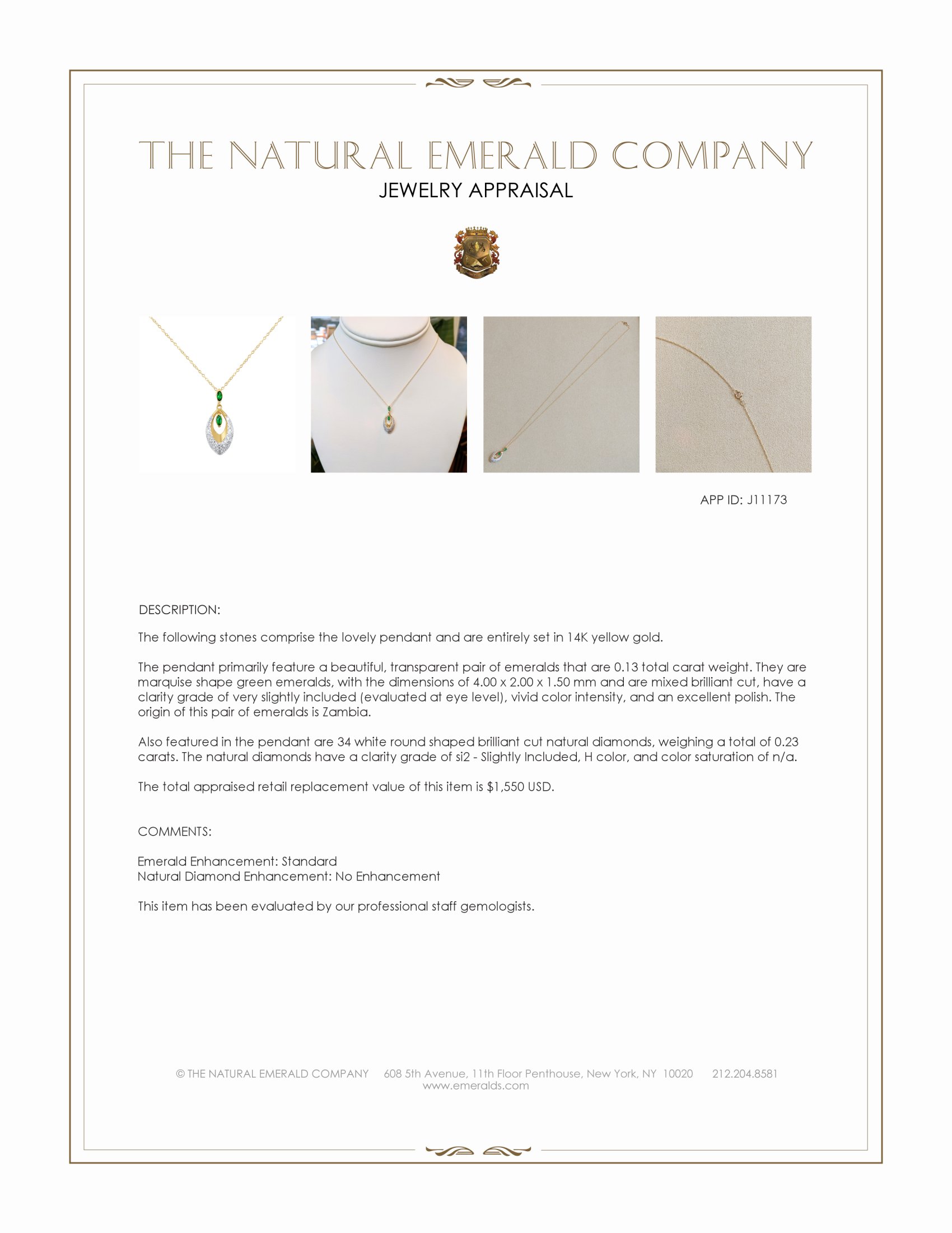 0.13 Ct. Emerald and Natural Diamond Pave Pendant, 14K Yellow Gold
