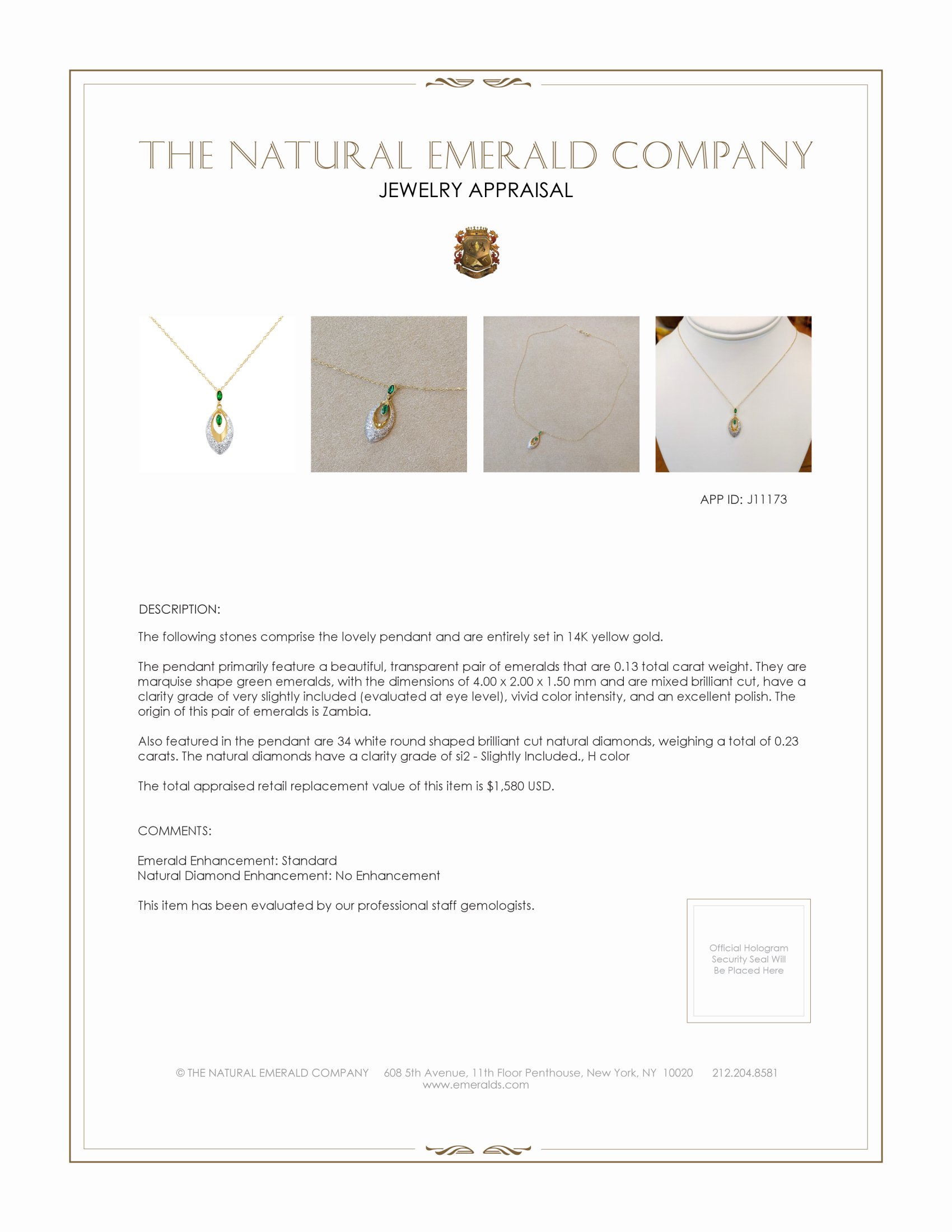 0.13 Ct. Emerald Natural Diamond Pave Pendant, 14K Yellow Gold