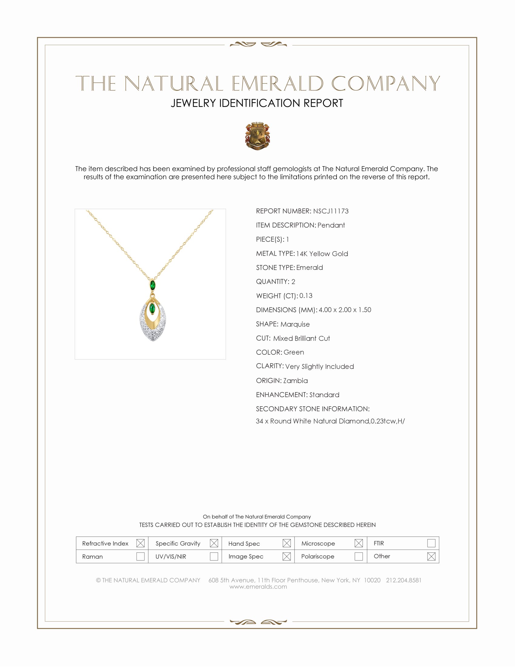 0.13 Ct. Emerald and Natural Diamond Pave Pendant, 14K Yellow Gold