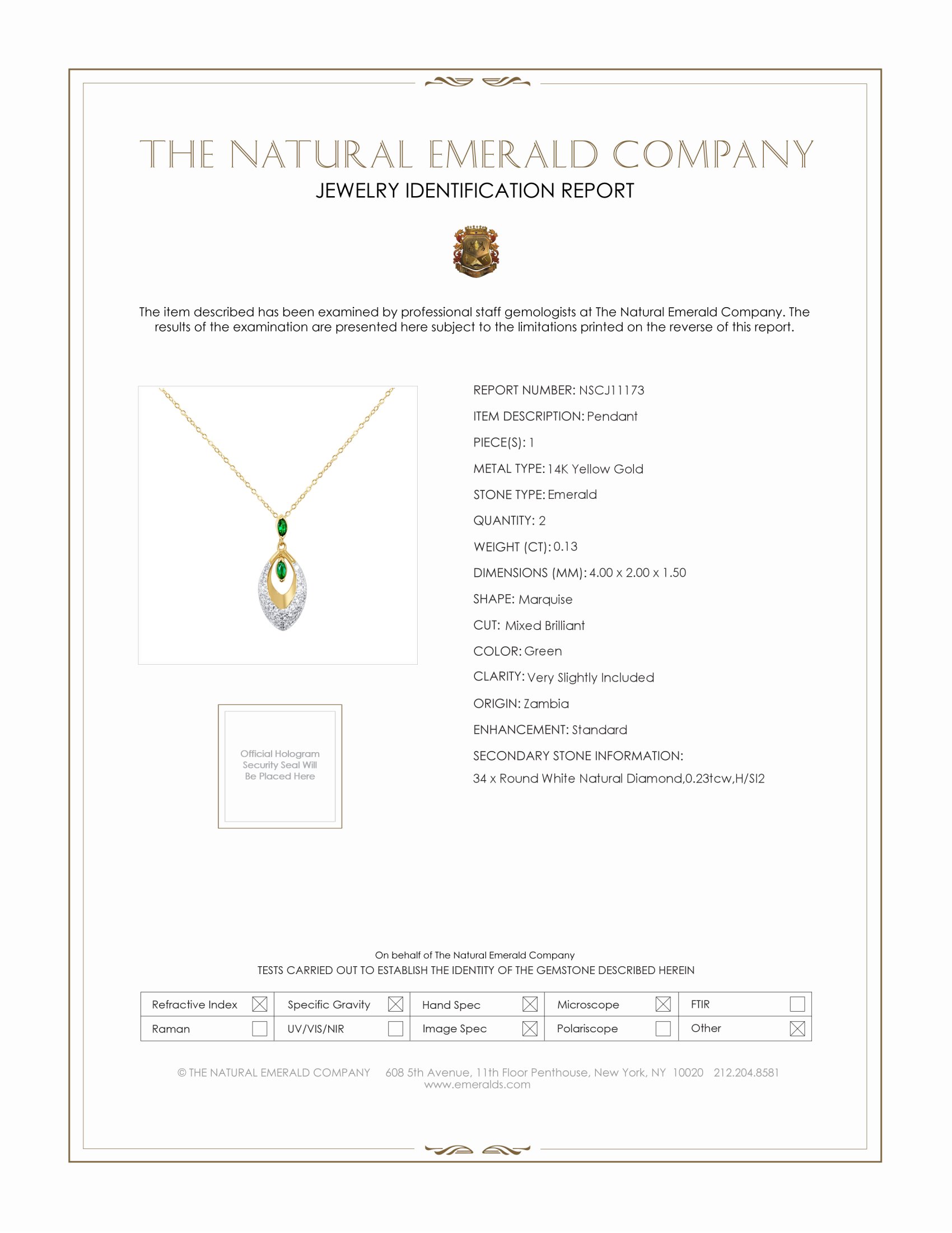 0.13 Ct. Emerald Natural Diamond Pave Pendant, 14K Yellow Gold