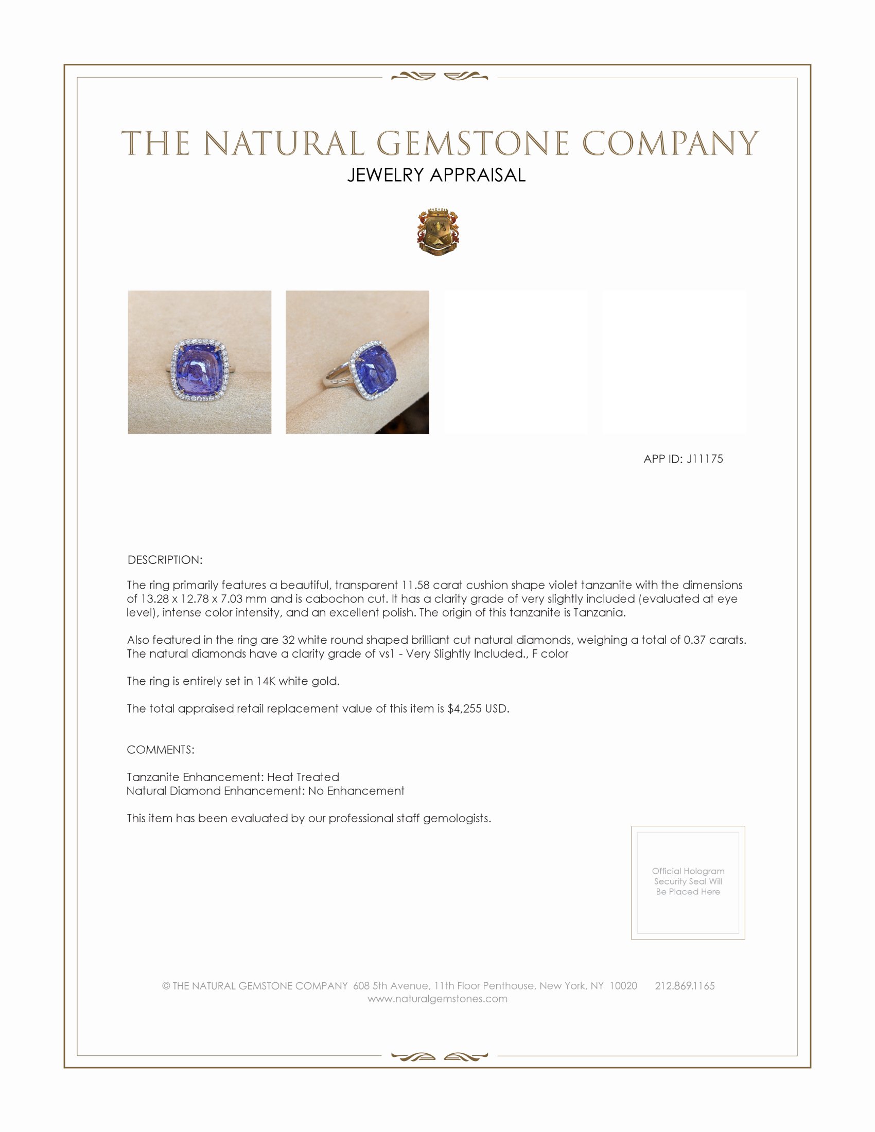 11.58 Ct. Tanzanite Natural Diamond Pave Ring, 14K White Gold