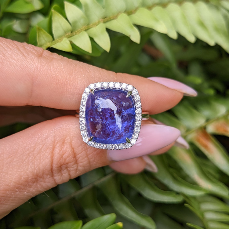 11.58 Ct. Tanzanite Natural Diamond Pave Ring, 14K White Gold