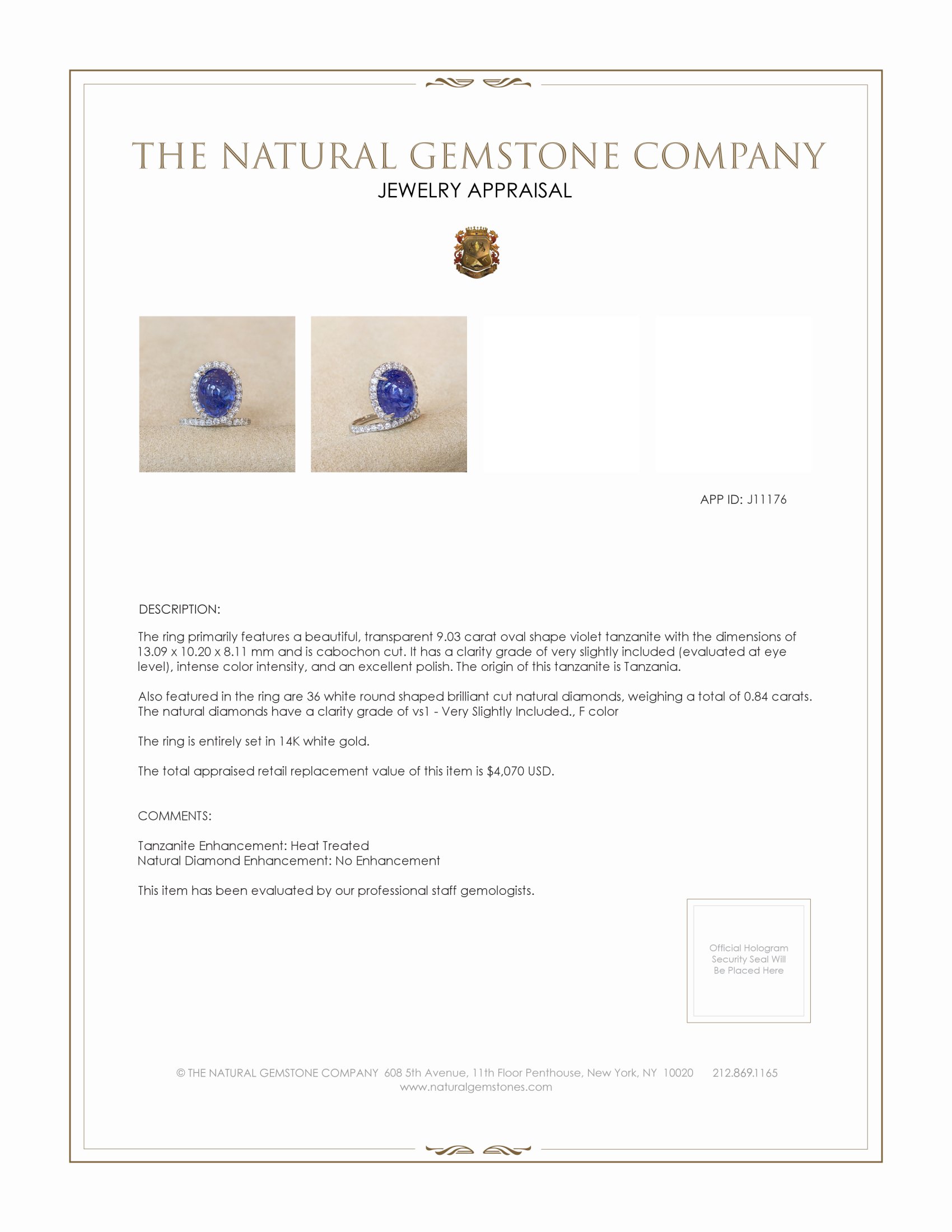 9.03 Ct. Tanzanite Natural Diamond Pave Ring, 14K White Gold