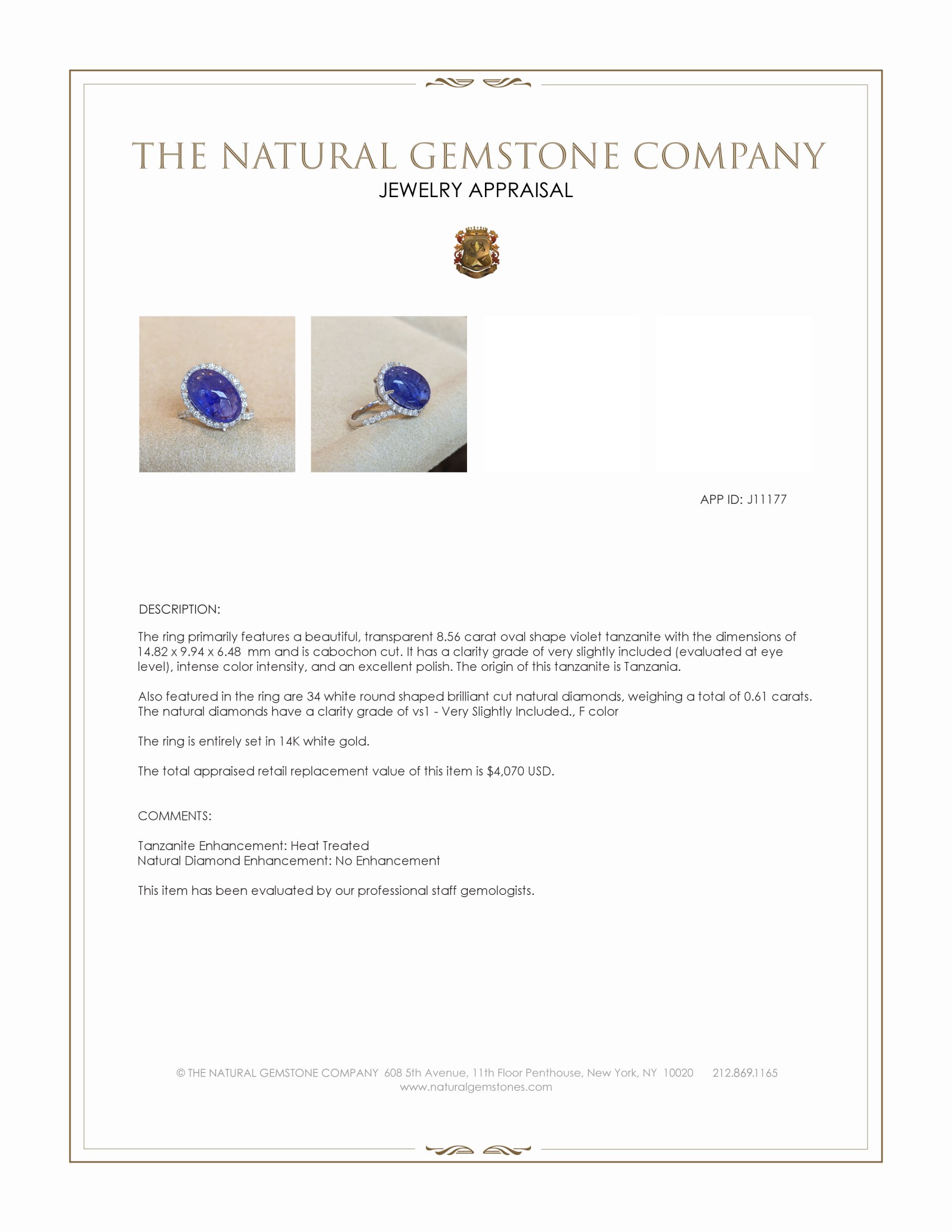 8.56 Ct. Violet Tanzanite and Natural Diamond Pave Ring, 14K White Gold