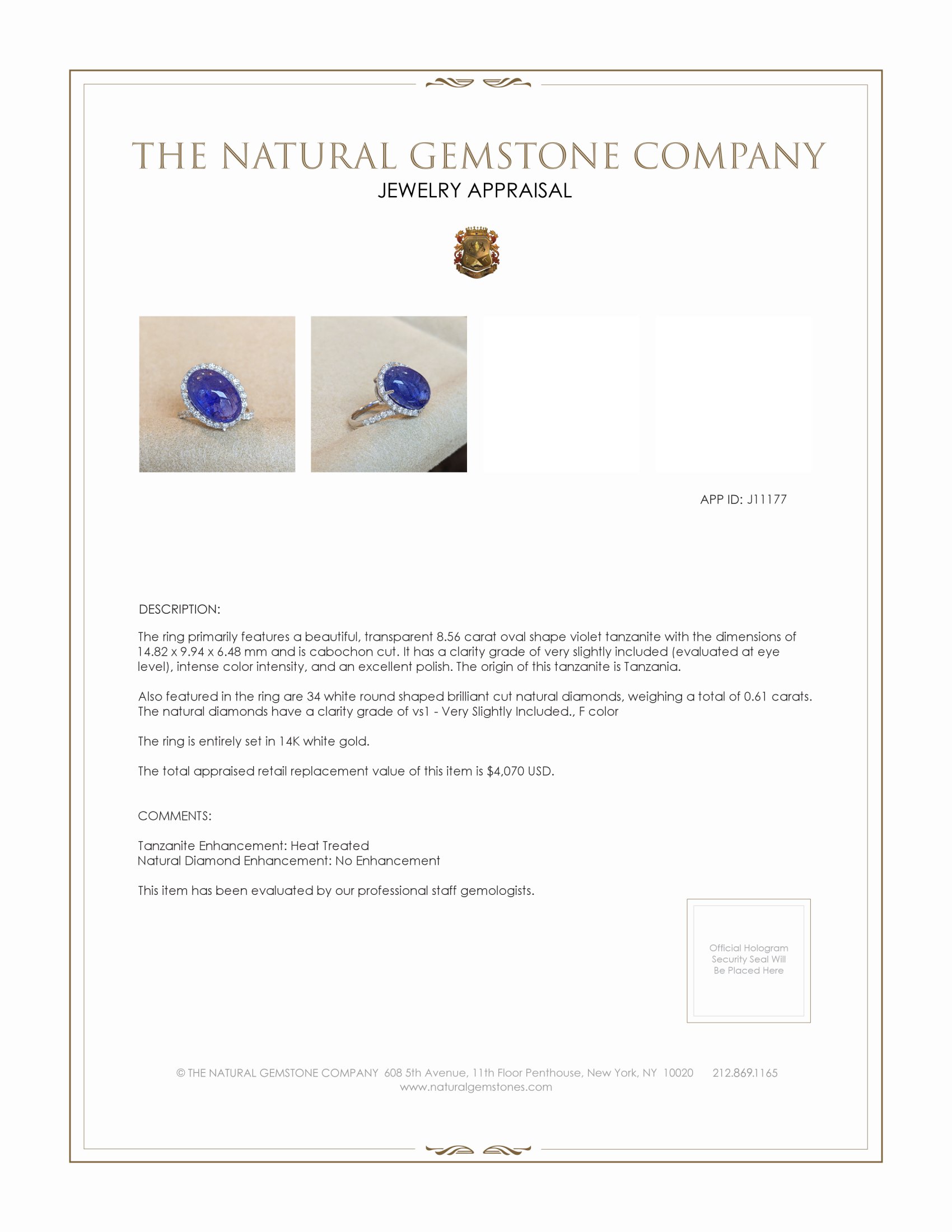 8.56 Ct. Tanzanite Natural Diamond Pave Ring, 14K White Gold