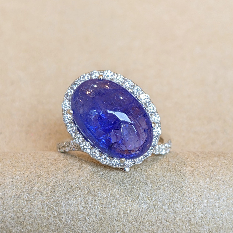 8.56 Ct. Tanzanite Natural Diamond Pave Ring, 14K White Gold
