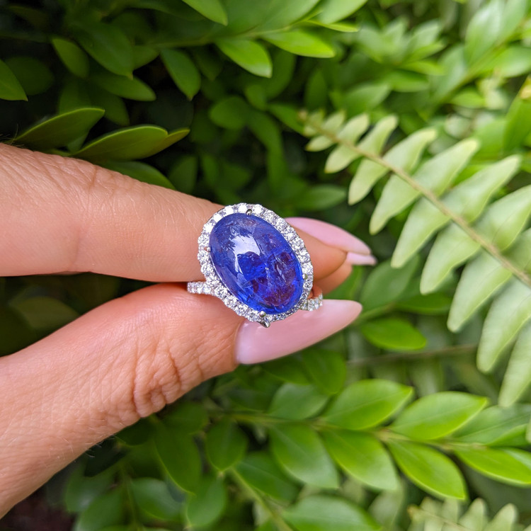 8.56 Ct. Tanzanite Natural Diamond Pave Ring, 14K White Gold