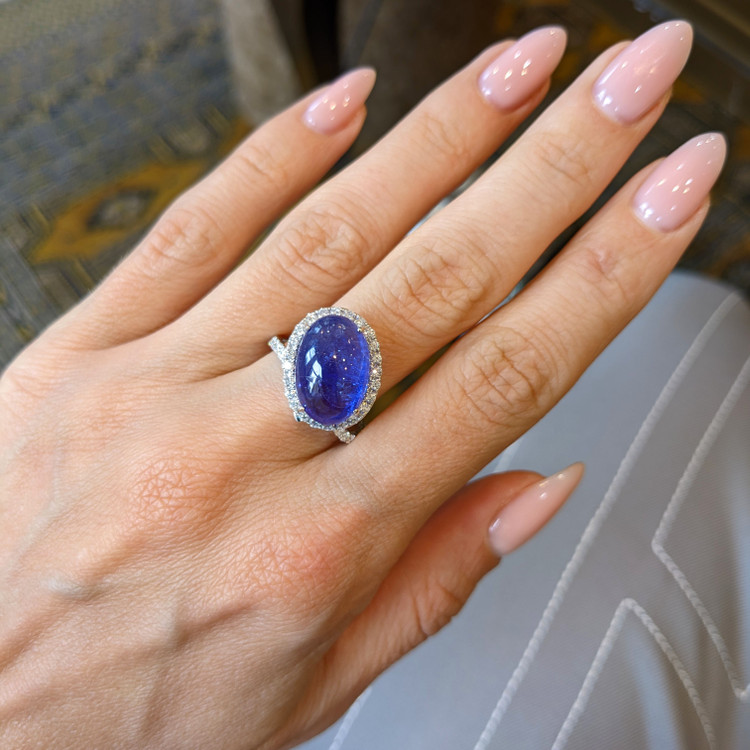 8.56 Ct. Tanzanite Natural Diamond Pave Ring, 14K White Gold