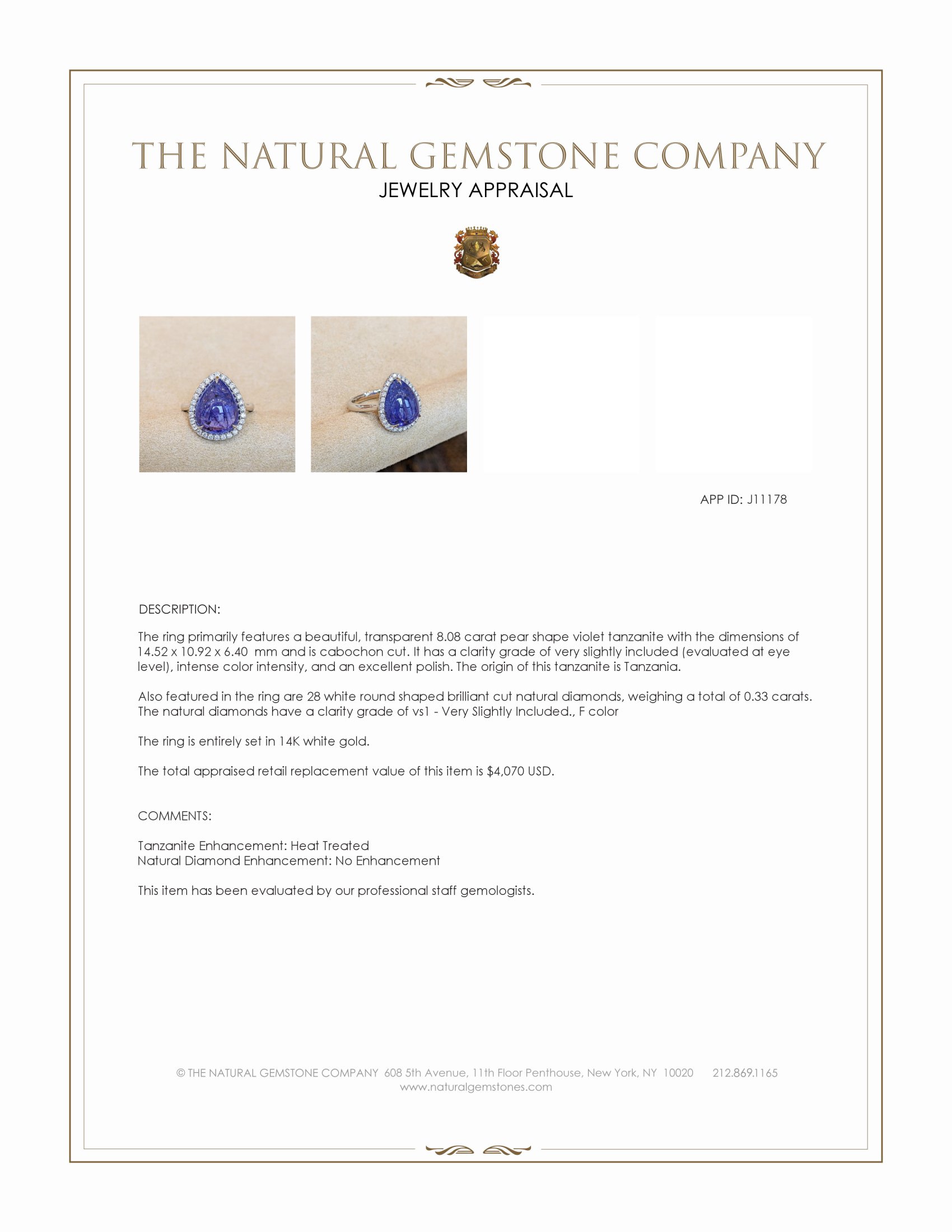 8.08 Ct. Violet Tanzanite and Natural Diamond Pave Ring, 14K White Gold