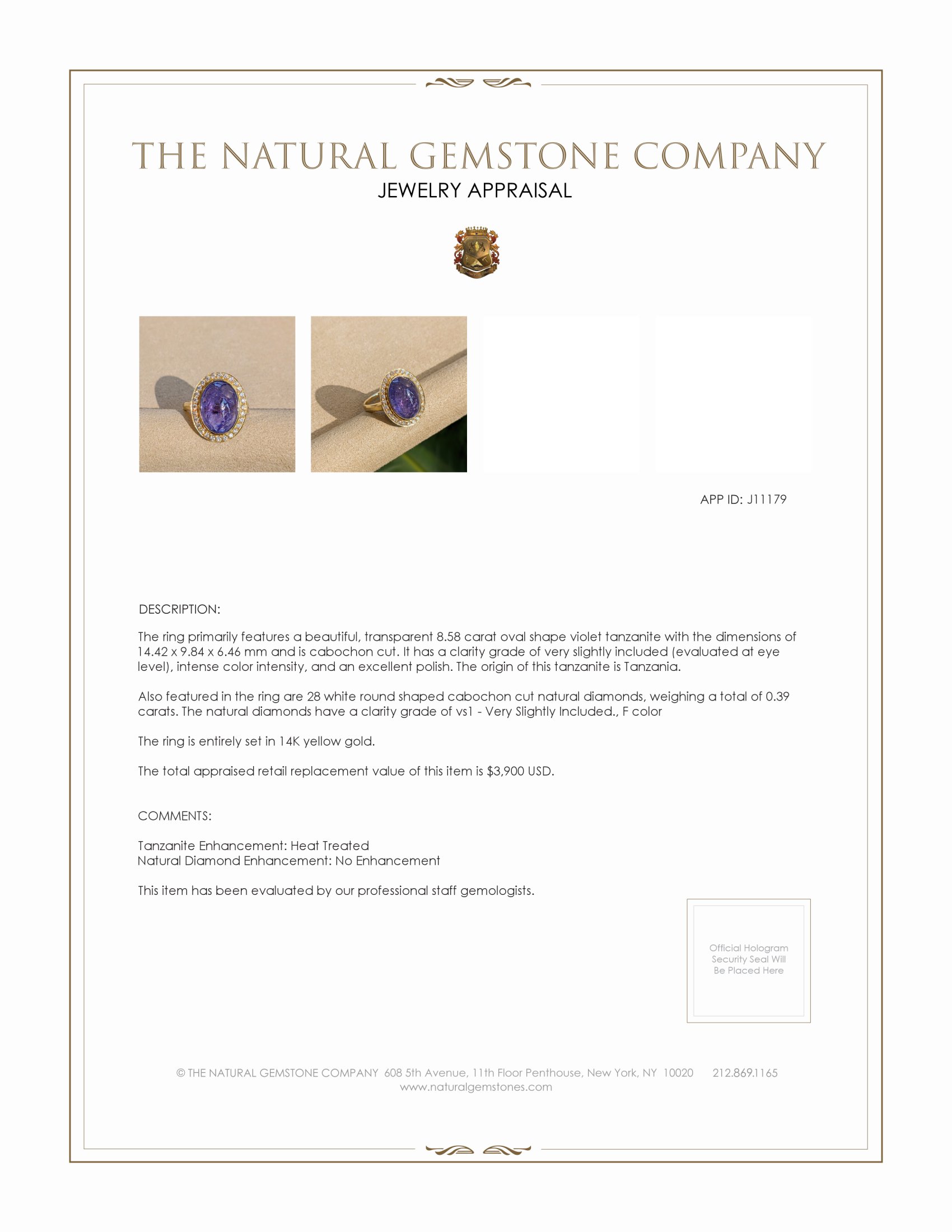 8.58 Ct. Tanzanite Natural Diamond Pave Ring, 14K Yellow Gold