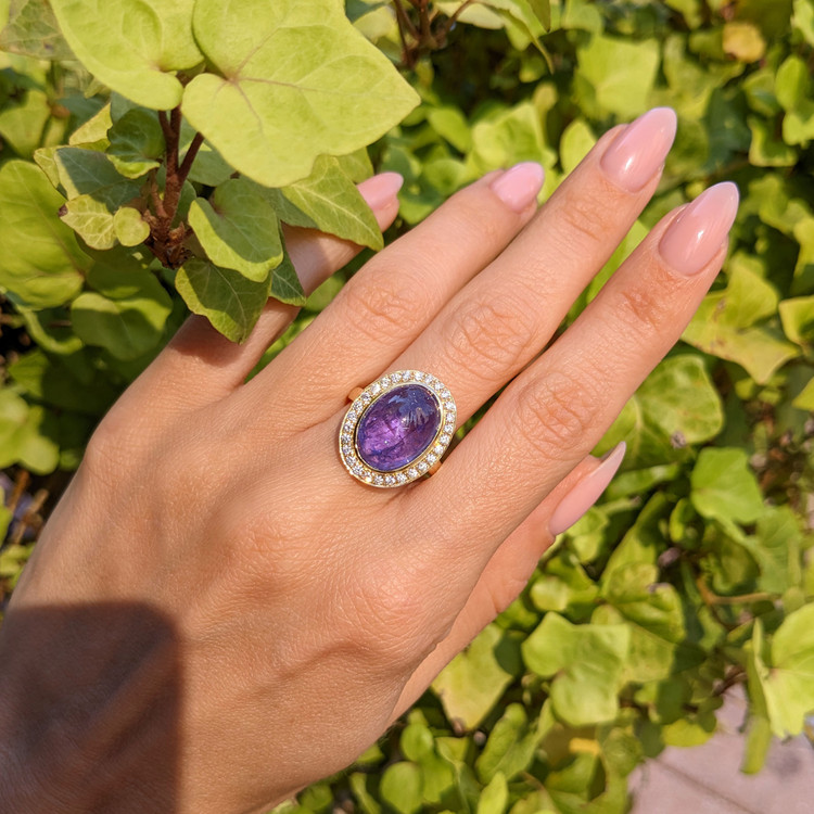 8.58 Ct. Tanzanite Natural Diamond Pave Ring, 14K Yellow Gold