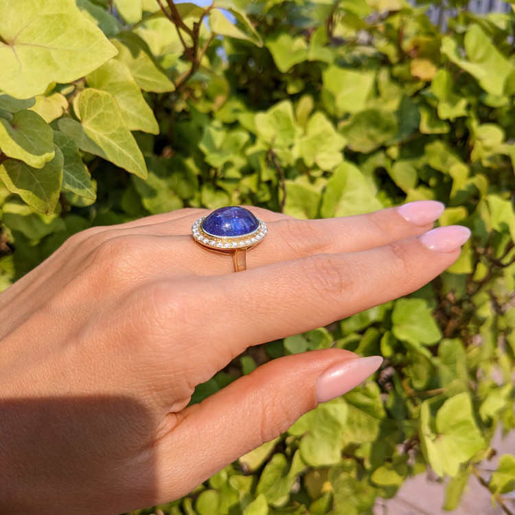 8.58 Ct. Tanzanite Natural Diamond Pave Ring, 14K Yellow Gold