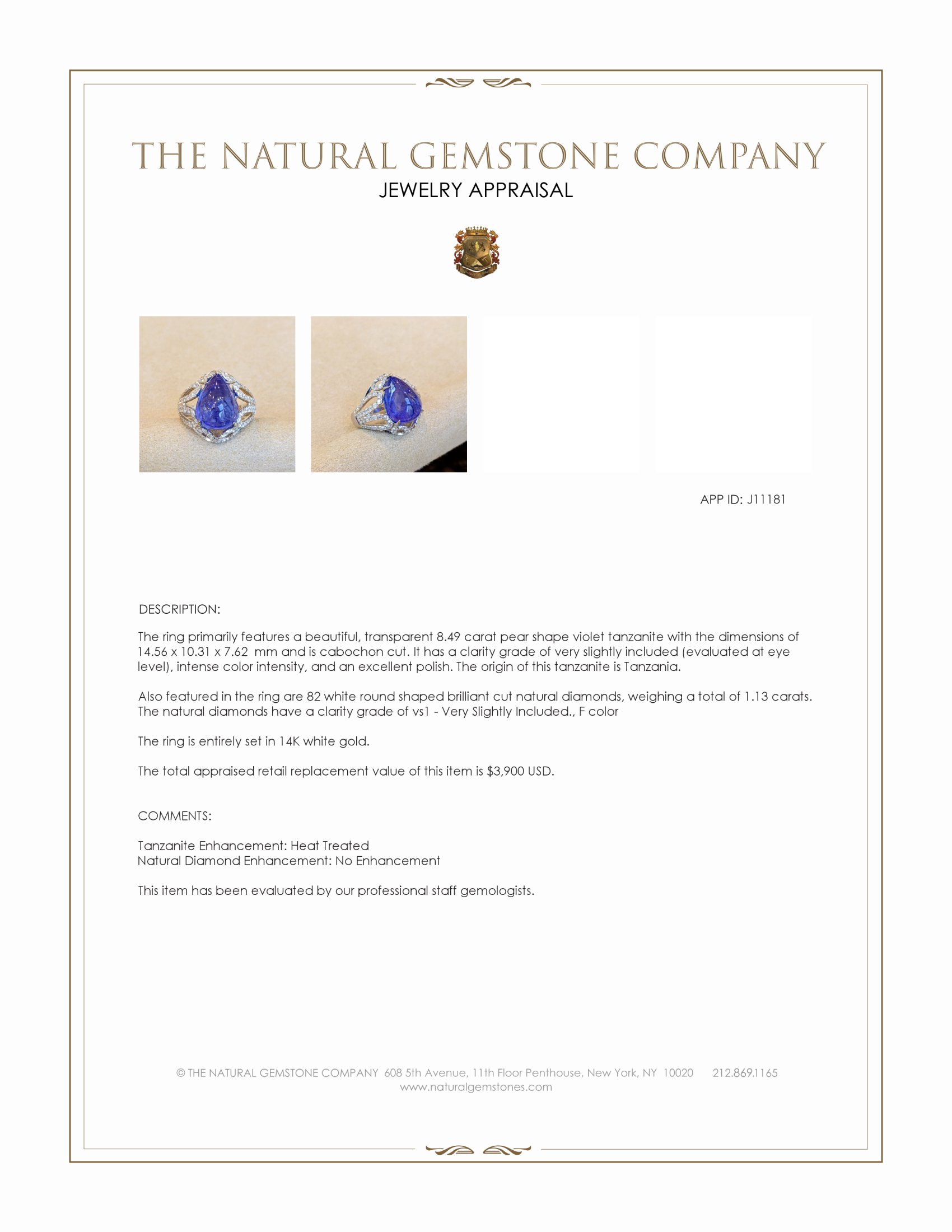 8.49 Ct. Violet Tanzanite and Natural Diamond Antique Style Ring, 14K White Gold