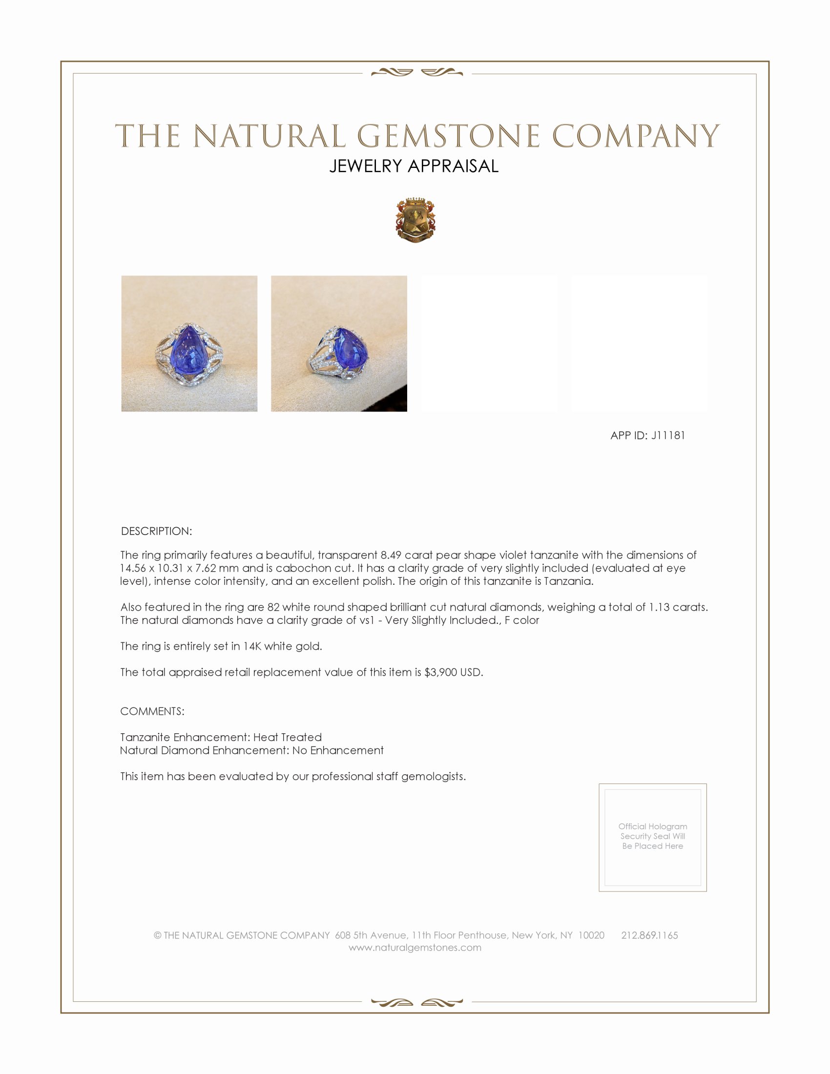 8.49 Ct. Violet Tanzanite and Natural Diamond Antique Style Ring, 14K White Gold