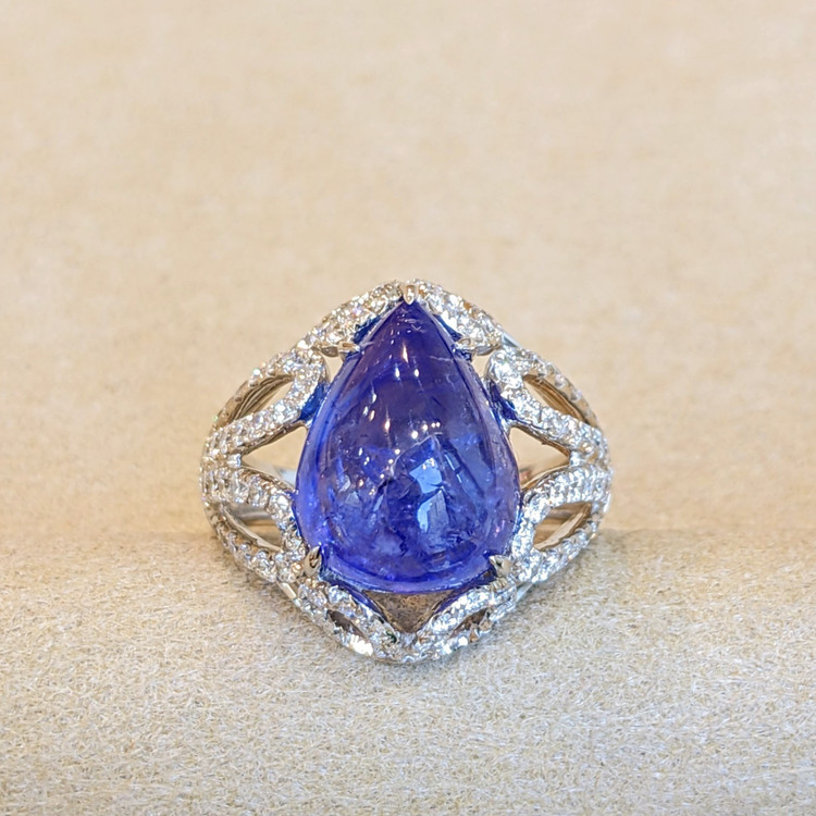 8.49 Ct. Tanzanite Natural Diamond Antique Style Ring, 14K White Gold