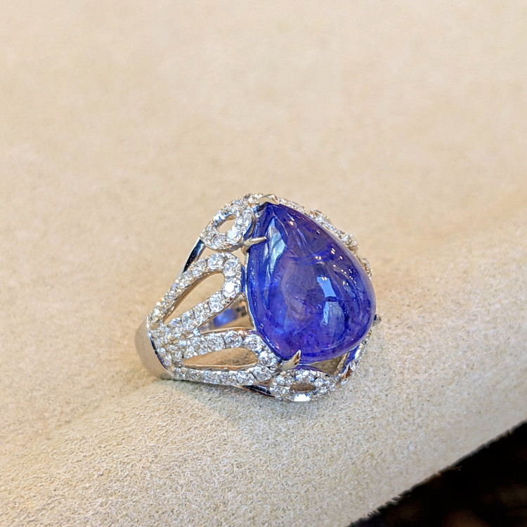 8.49 Ct. Tanzanite Natural Diamond Antique Style Ring, 14K White Gold