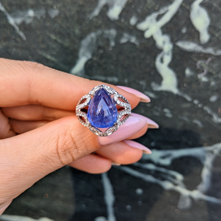 8.49 Ct. Tanzanite Natural Diamond Antique Style Ring, 14K White Gold