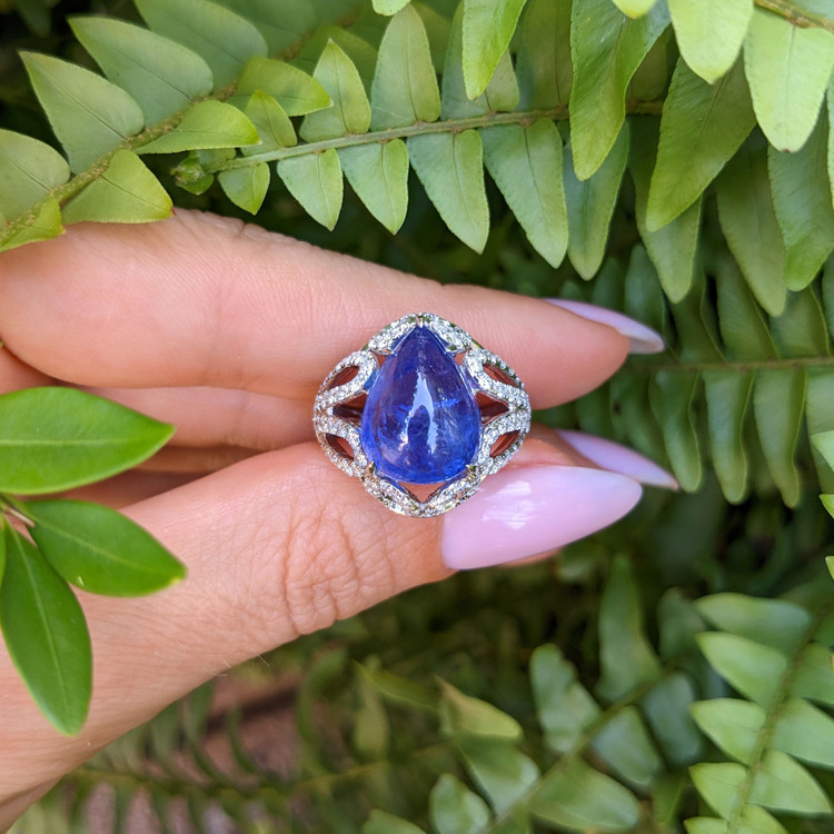 8.49 Ct. Tanzanite Natural Diamond Antique Style Ring, 14K White Gold