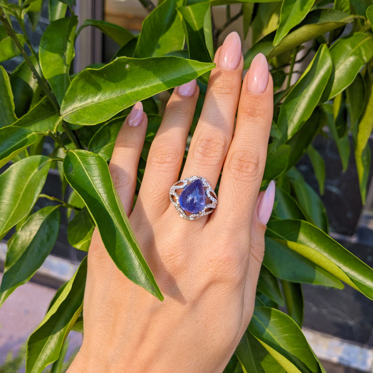 8.49 Ct. Tanzanite Natural Diamond Antique Style Ring, 14K White Gold