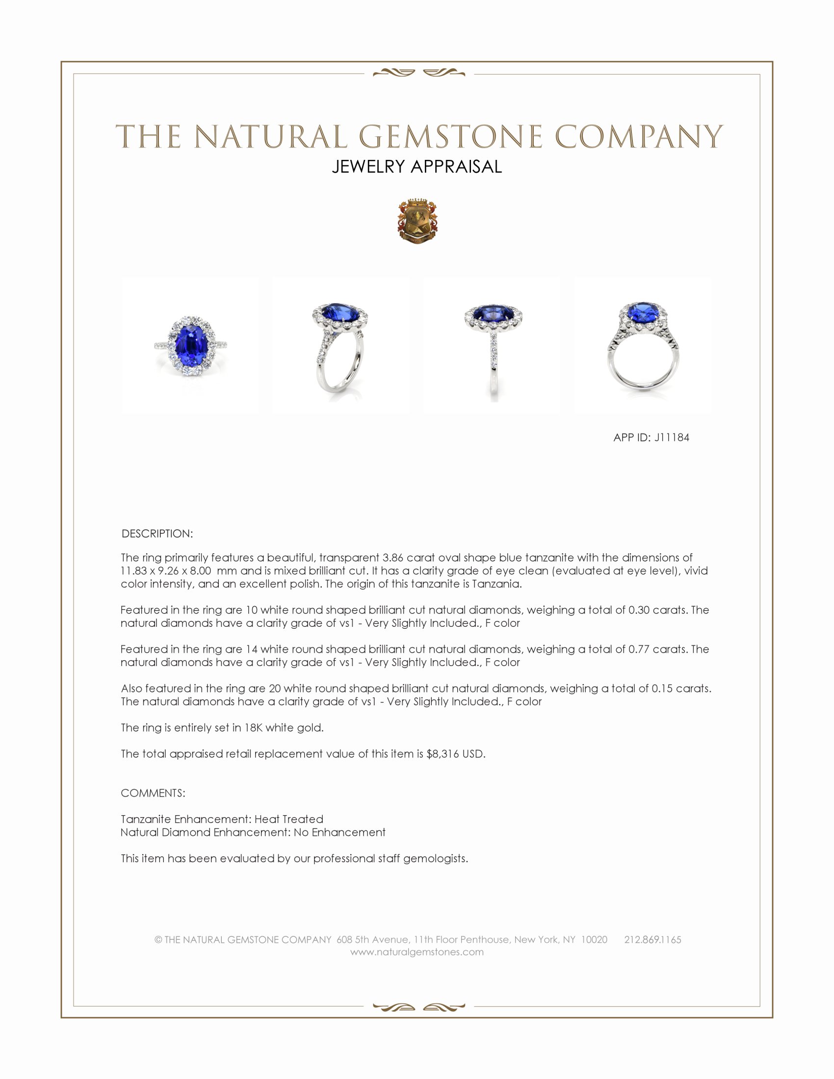 3.86 Ct. Blue Tanzanite and Natural Diamond Pave Ring, 18K White Gold