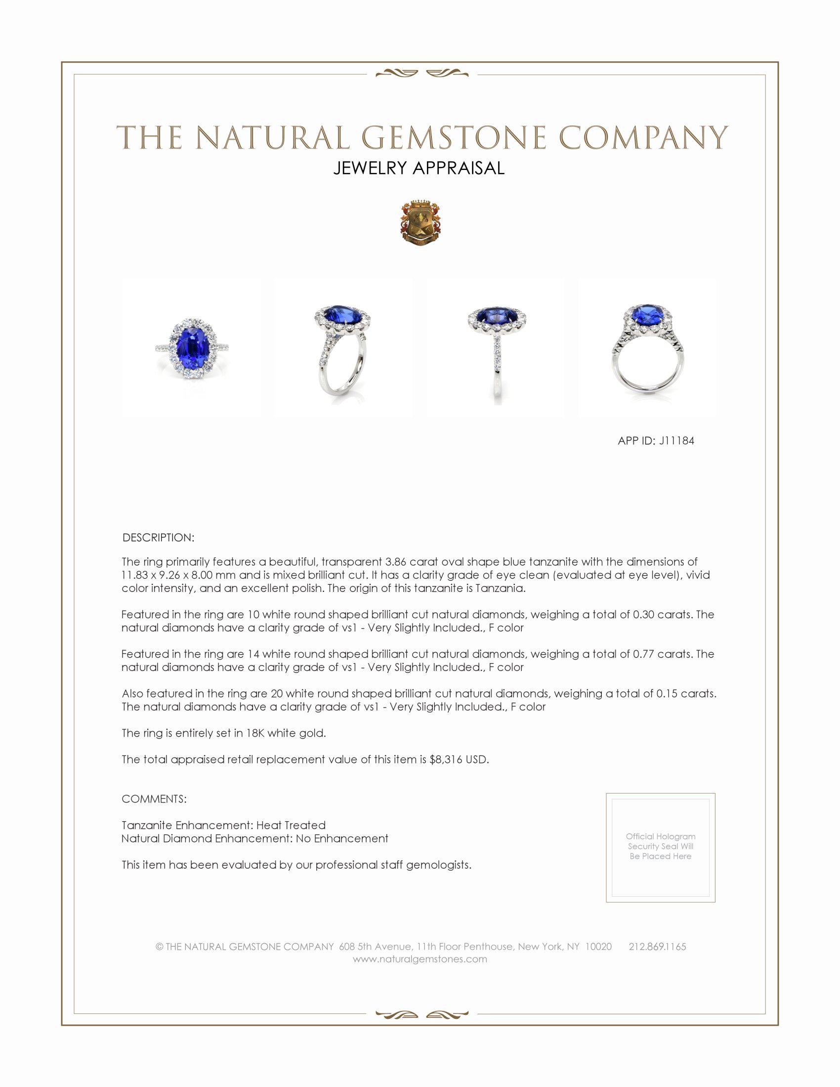 3.86 Ct. Tanzanite Natural Diamond Pave Ring, 18K White Gold