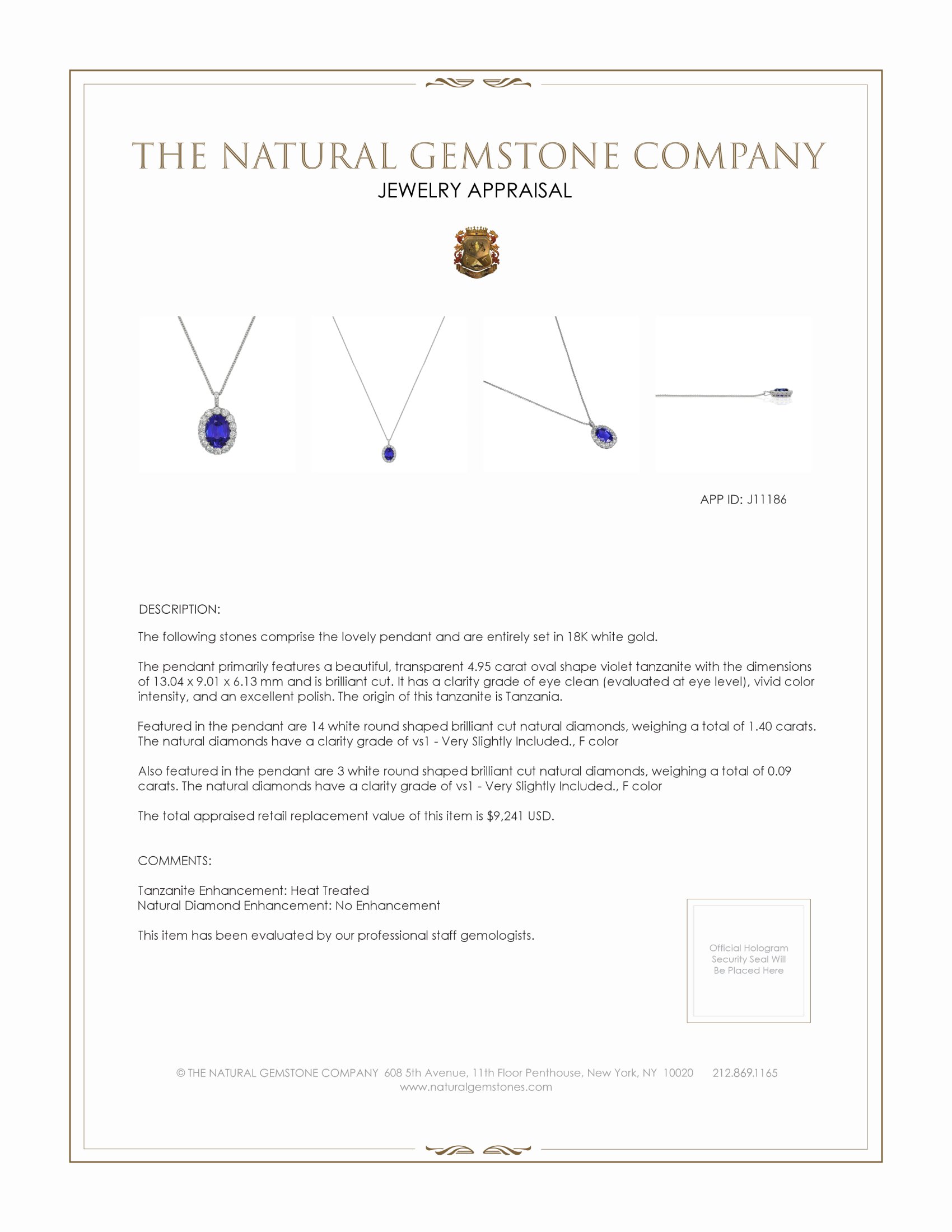 4.95 Ct. Tanzanite Natural Diamond Pave Pendant, 18K White Gold