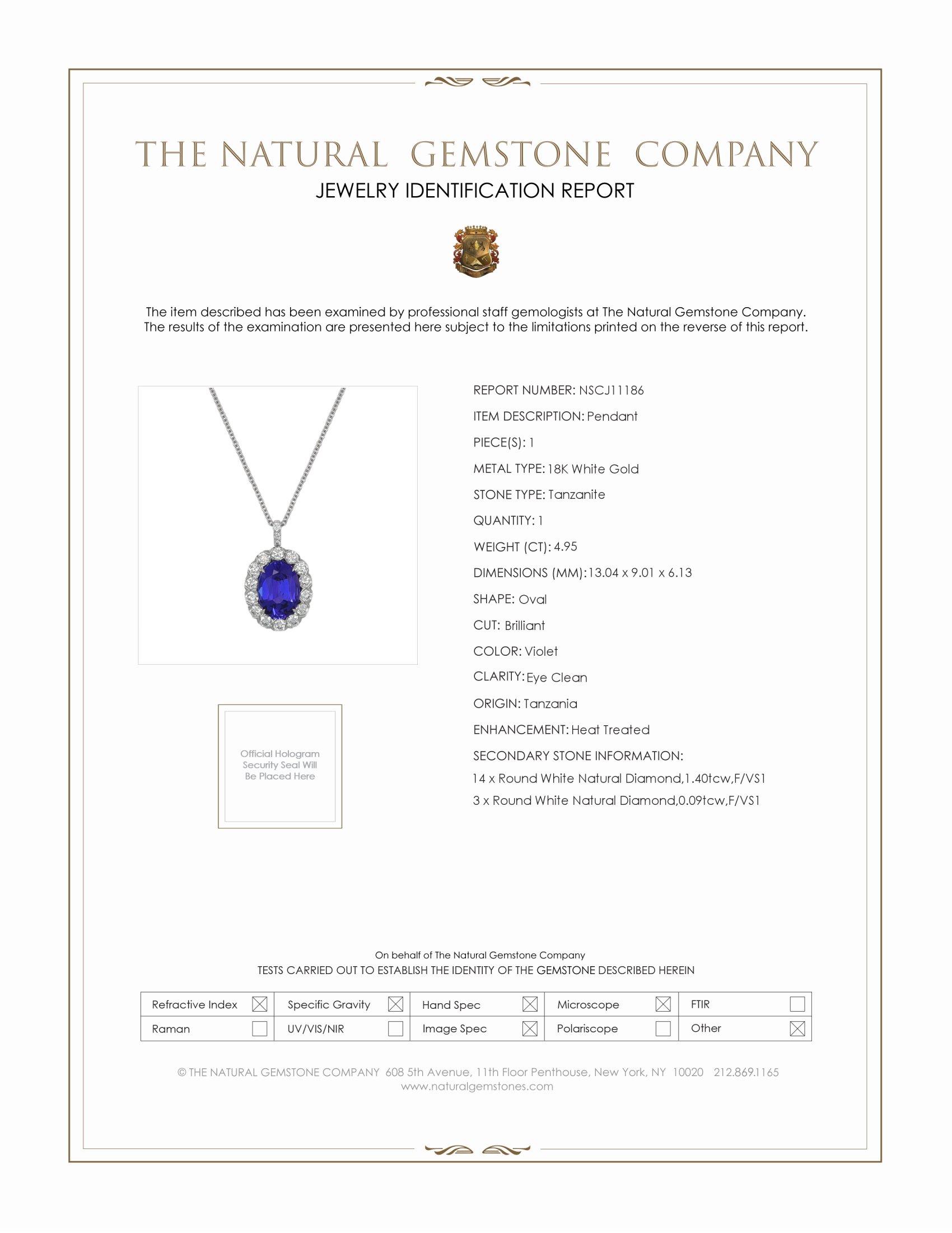 4.95 Ct. Tanzanite Natural Diamond Pave Pendant, 18K White Gold