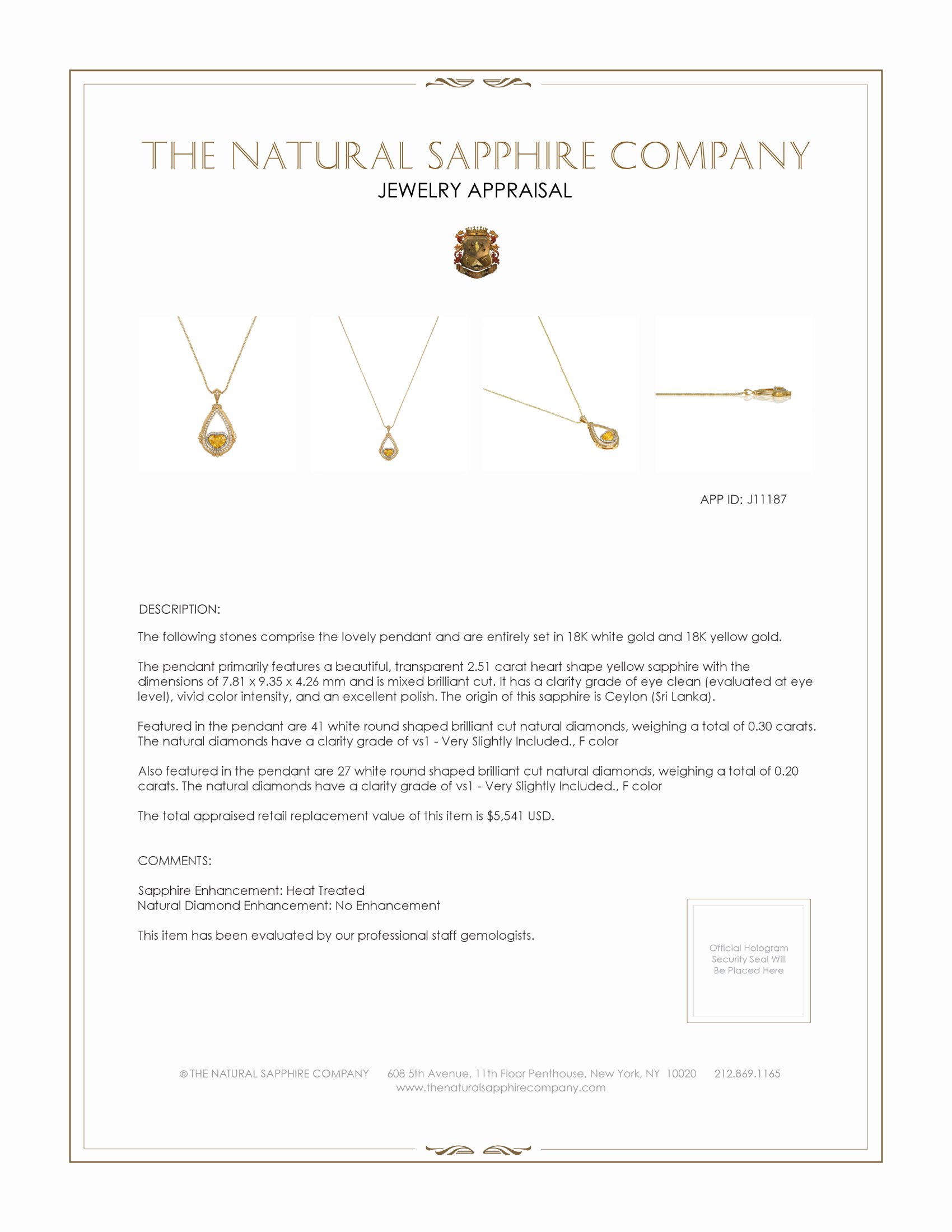 2.51 Ct. Yellow Sapphire and Natural Diamond Antique Style Pendant, 18K White & Yellow