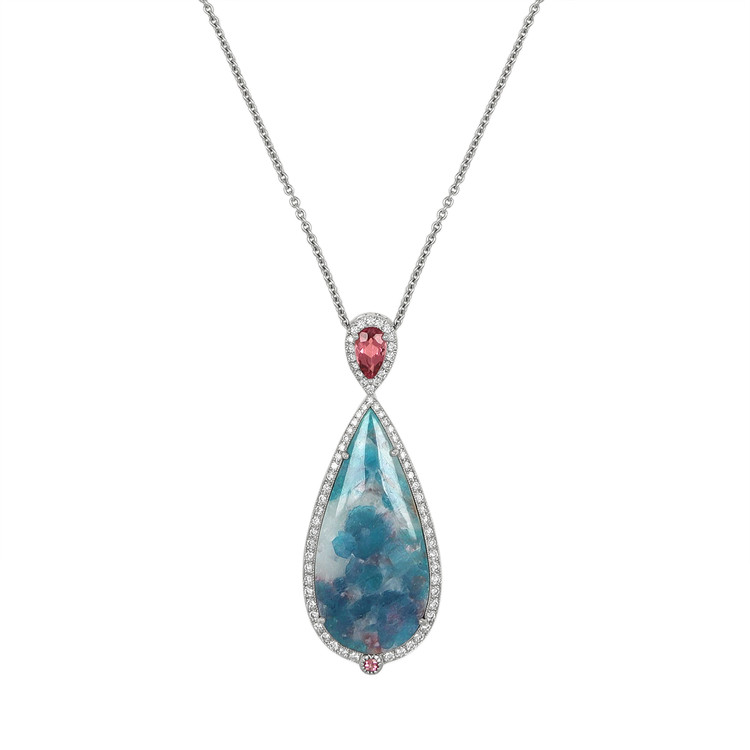 14.60 Ct. Tourmaline Natural Diamond Pave Pendant, 18K White Gold
