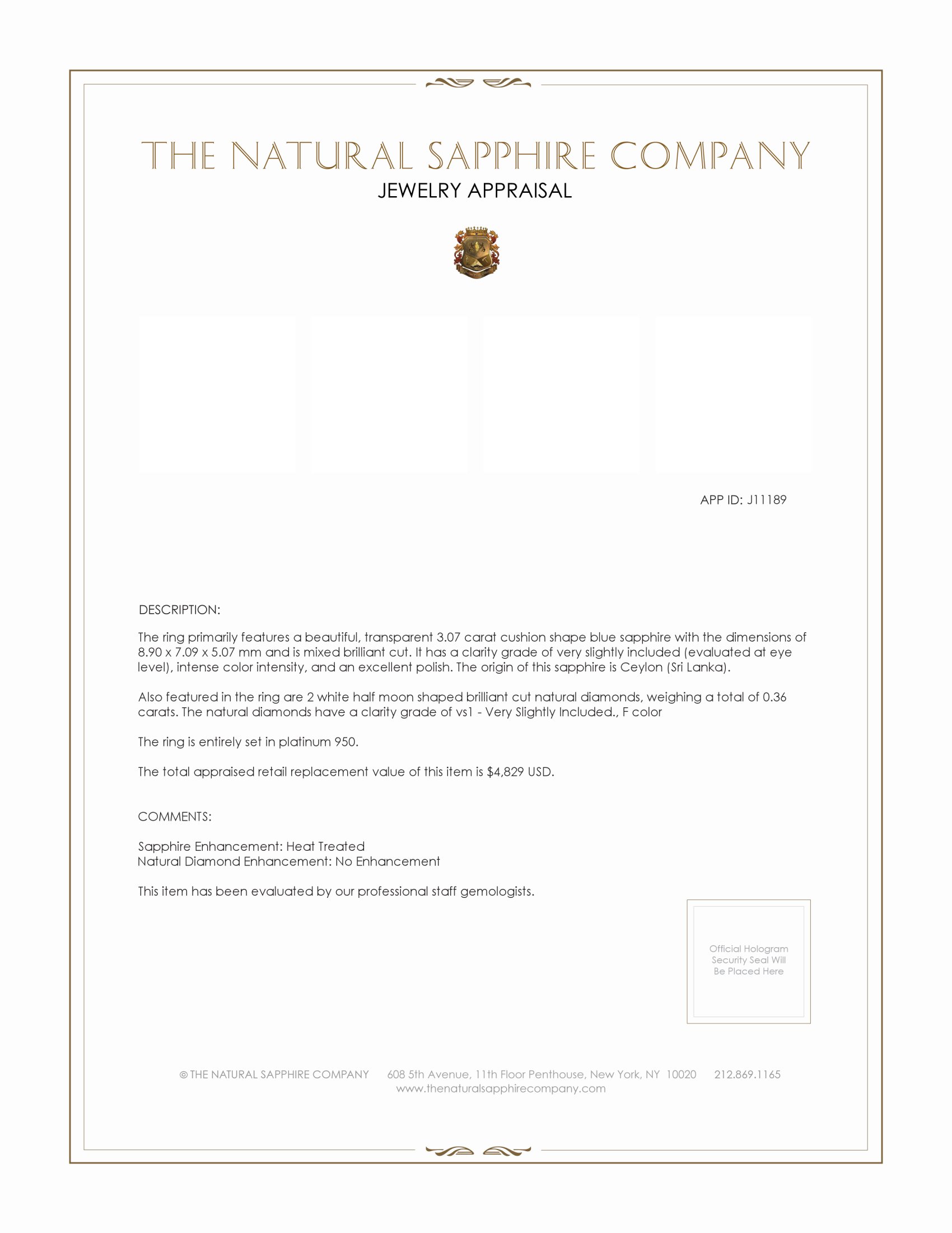 3.07 Ct. Blue Sapphire and Natural Diamond Three Stone Ring, Platinum 950