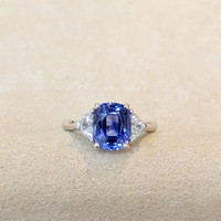 3.07 Ct. Blue Sapphire and Natural Diamond Three Stone Ring, Platinum 950 Life Style