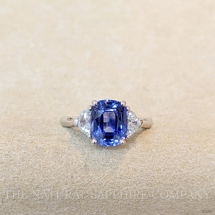 3.07 Ct. Blue Sapphire and Natural Diamond Three Stone Ring, Platinum 950