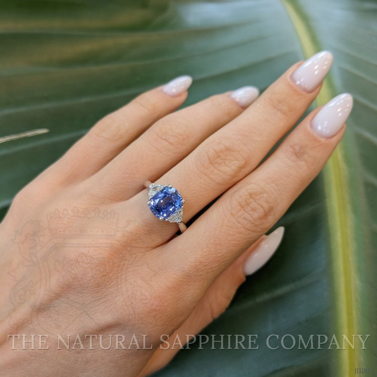 3.07 Ct. Blue Sapphire and Natural Diamond Three Stone Ring, Platinum 950