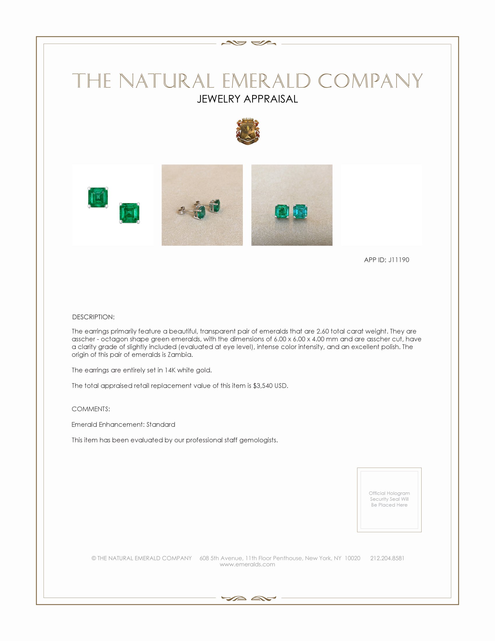 2.60 Ct.Tw. Emerald Studs Earrings, 14K White Gold