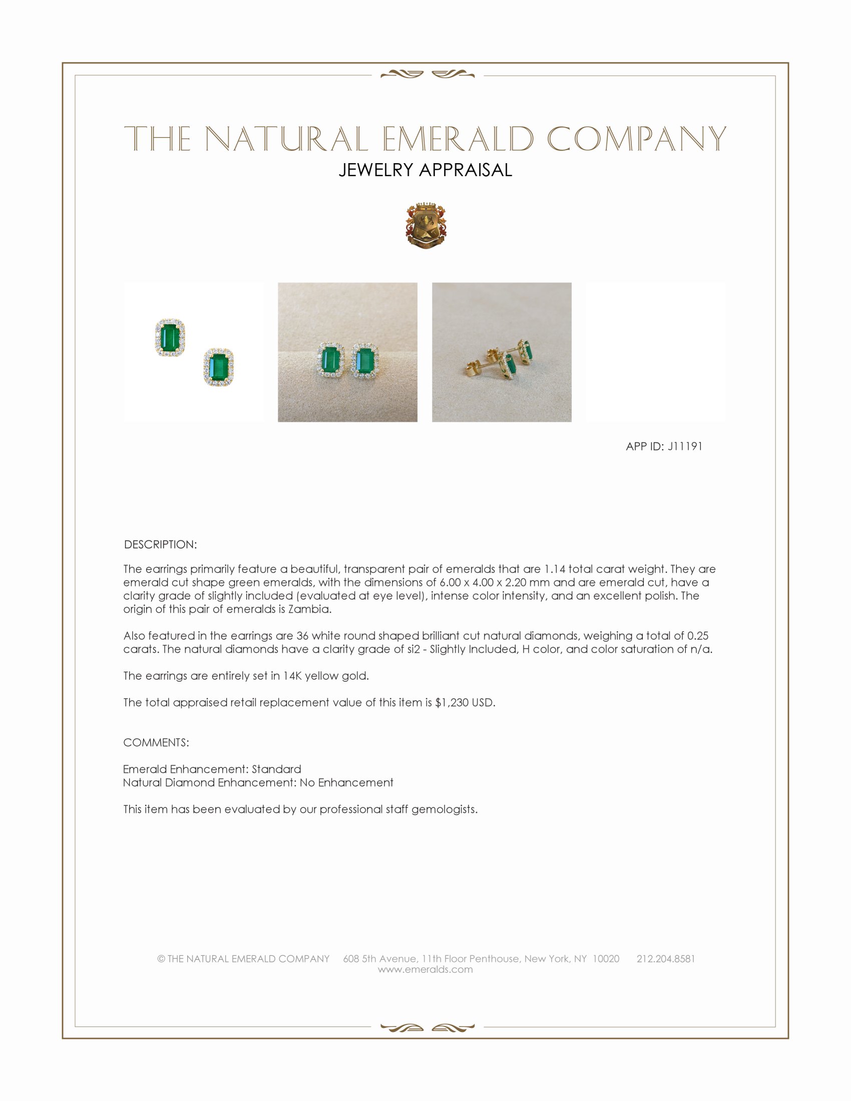 1.14 Ct.Tw. Emerald and Natural Diamond Studs Earrings, 14K Yellow Gold