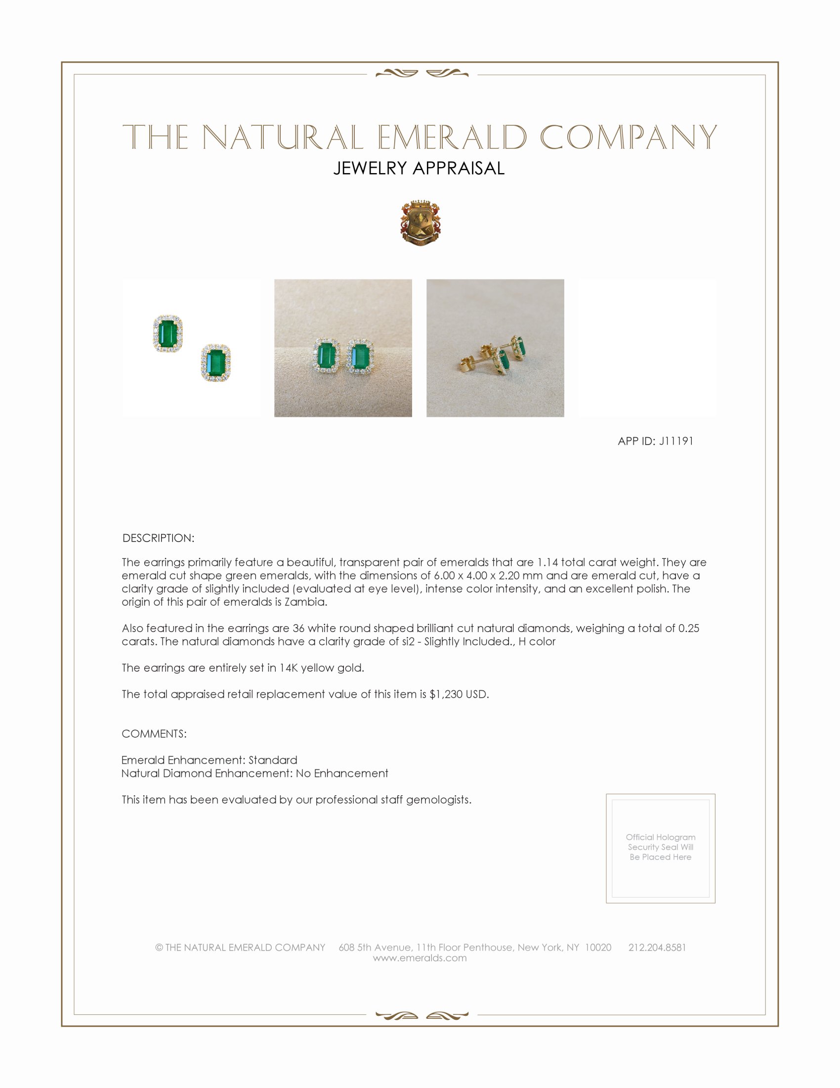 1.14 Ct.Tw. Emerald and Natural Diamond Studs Earrings, 14K Yellow Gold