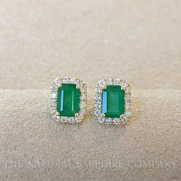1.14 Ct.Tw. Emerald and Natural Diamond Studs Earrings, 14K Yellow Gold